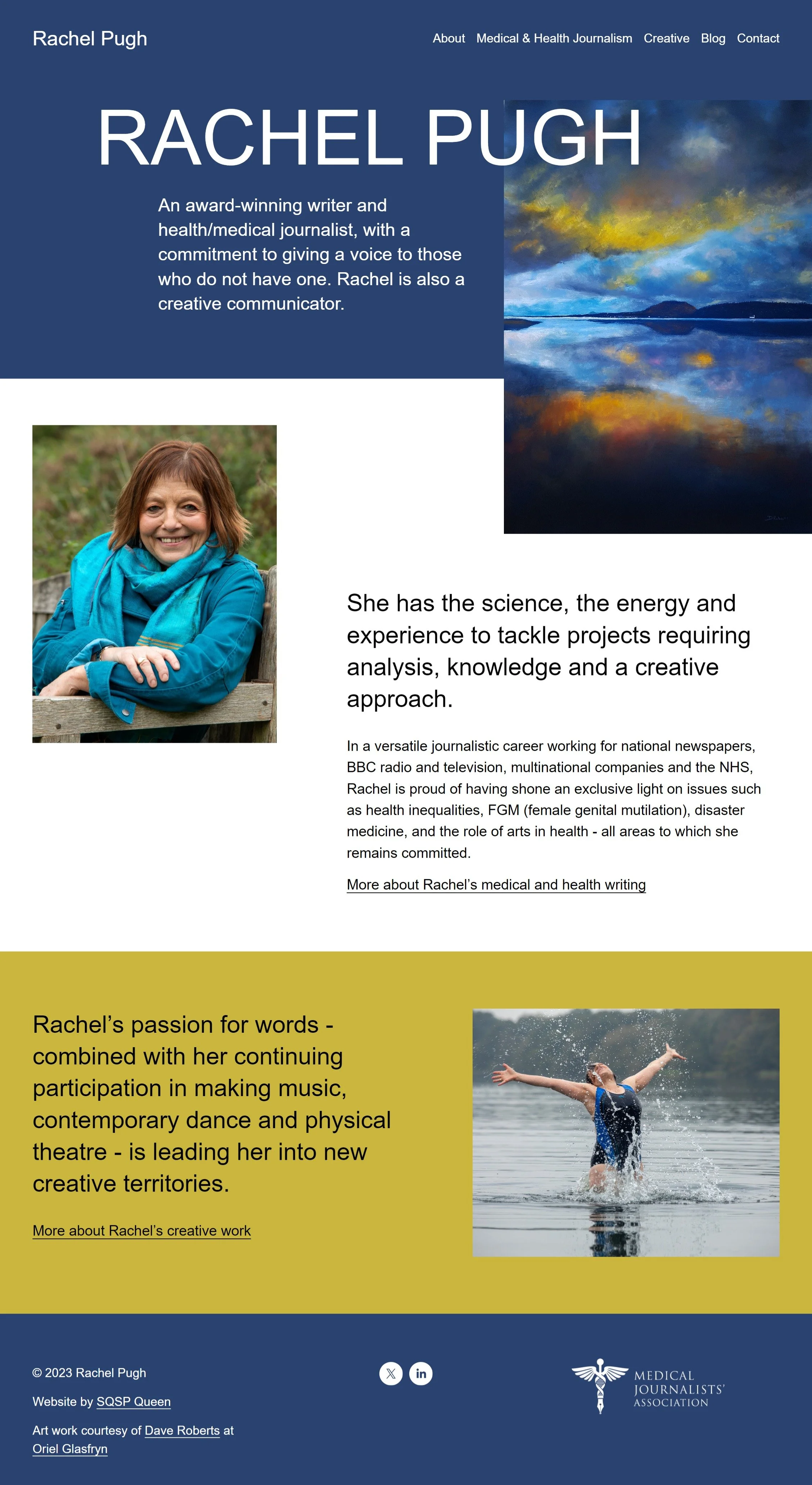 A website homepage for Rachel Pugh, a journalist and health communicator. The page features her name, a photo of her smiling outdoors in a blue jacket and scarf, a colorful landscape painting, and a photo of a woman splashing in water. The site includes sections about her career and creative work, with links and social media icons at the bottom.