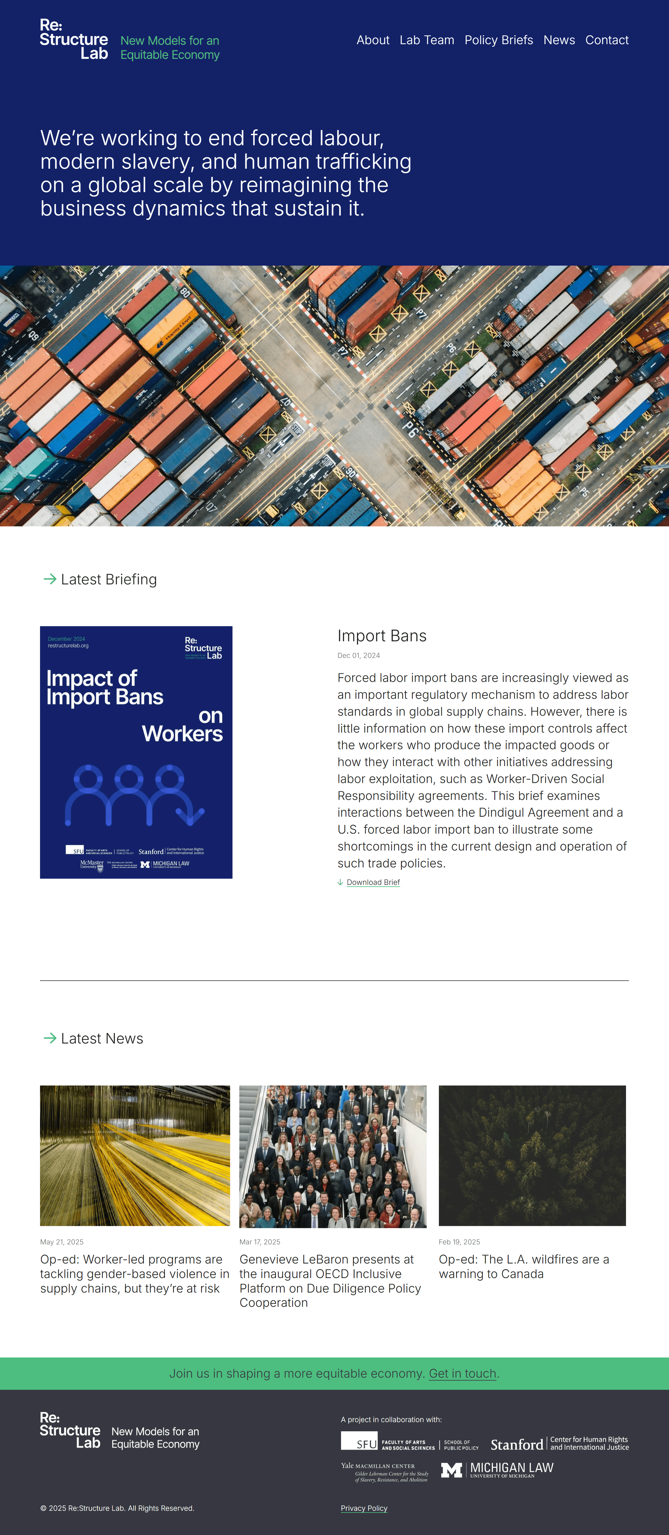 A webpage titled 'Rethink. Reform. Revalue.' discussing restructuring business models and supply chains for a more equitable economy. Contains sections on broader project goals, recent reports on labor exploitation, and a list of topics in colored boxes with dates, including due diligence, commercial contracts, investment patterns, labor share, worker debt, social auditing, and ethical certification, with some labeled 'Coming Soon.' Footer mentions a collaboration between Stanford, Yale, and other institutions.