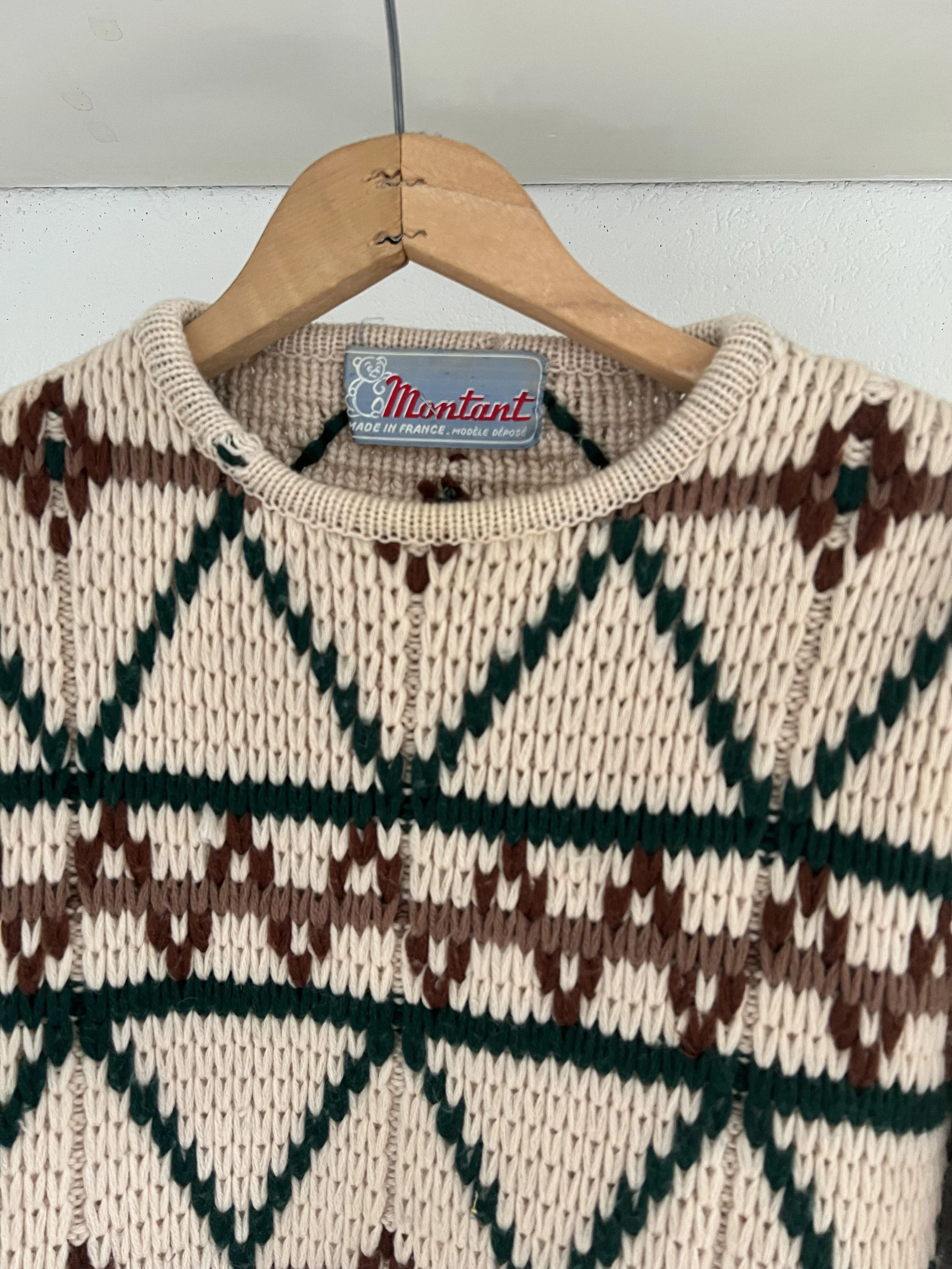 Hand made 手編みセーター 古着 vintage カウチン 90s～ INCA-TEX インカテックス パッチワーク風デザイン アルパカ