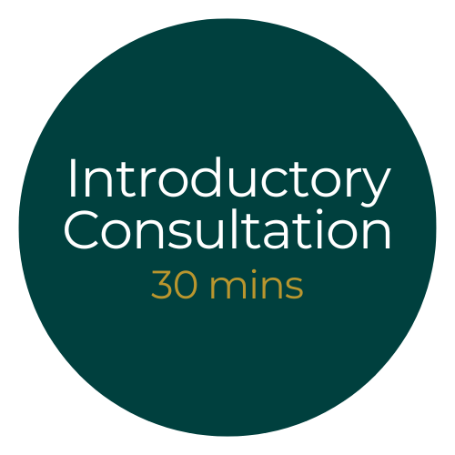Text on a dark teal circle that reads 'Introductory Consultation 30 mins' in white and gold letters.