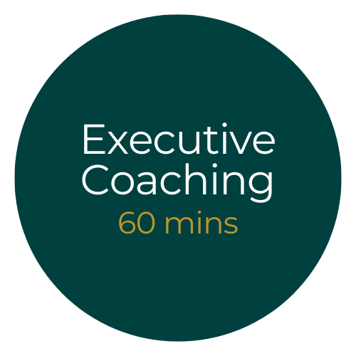 Dark green circle with white text that says 'Executive Coaching' and yellow text that says '60 mins'.