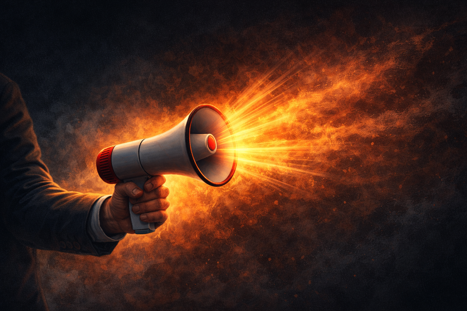 A man holding a portable tannoy with implied power coming from it on a burnt orange background