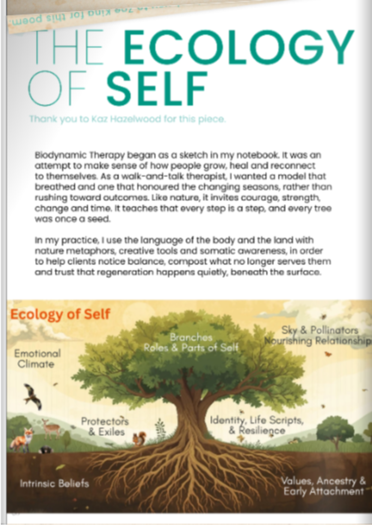 A colorful illustration of a tree labeled 'Ecology of Self,' with branches representing roles and parts of self, including emotional climate, protectors and exiles, identity and resilience, sky and pollinators. The roots symbolize intrinsic beliefs and values, ancestry, and attachment.