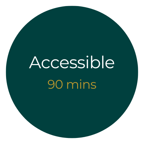 Green circle with white and yellow text that reads 'Counselling,' 'Accessible,' and '90 mins'.
