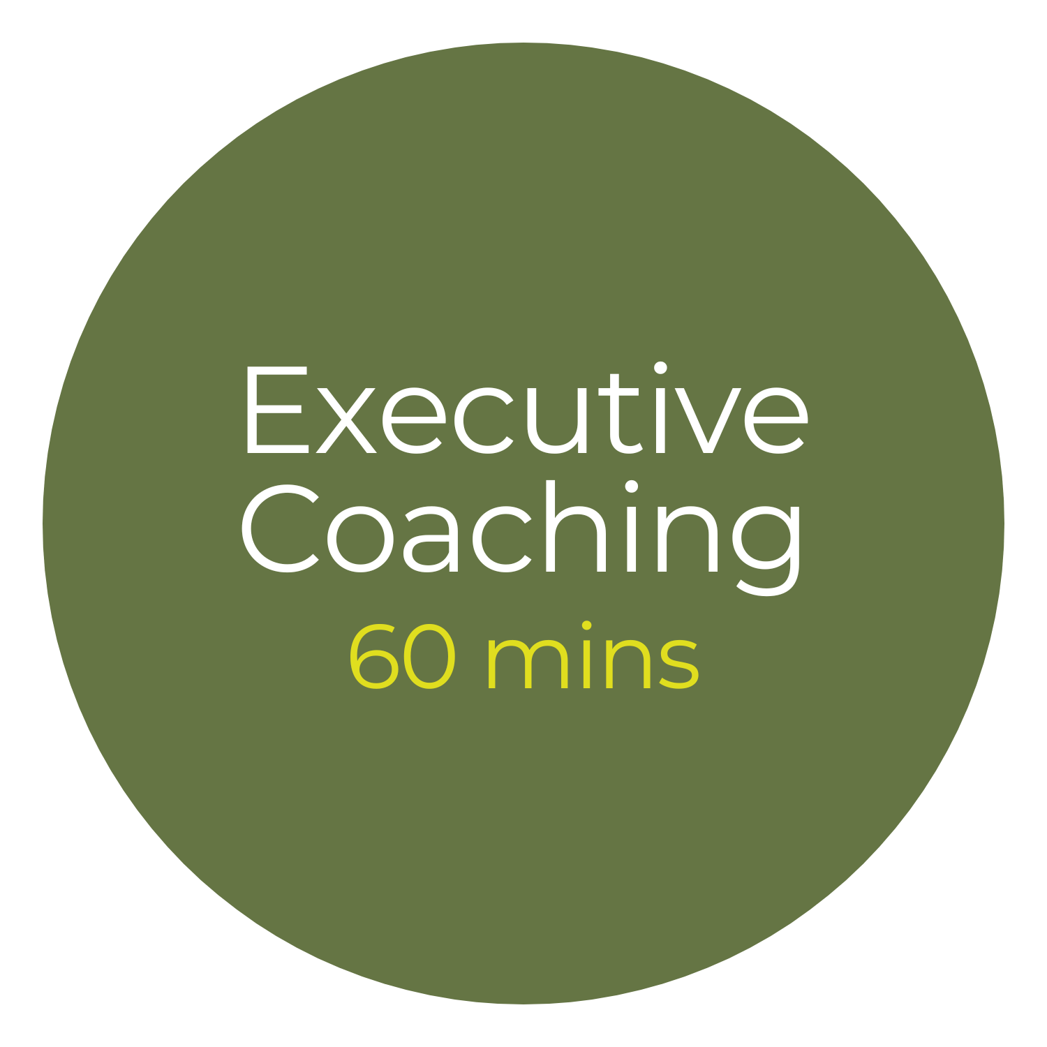 Dark green circle with white text that says 'Executive Coaching' and yellow text that says '60 mins'.