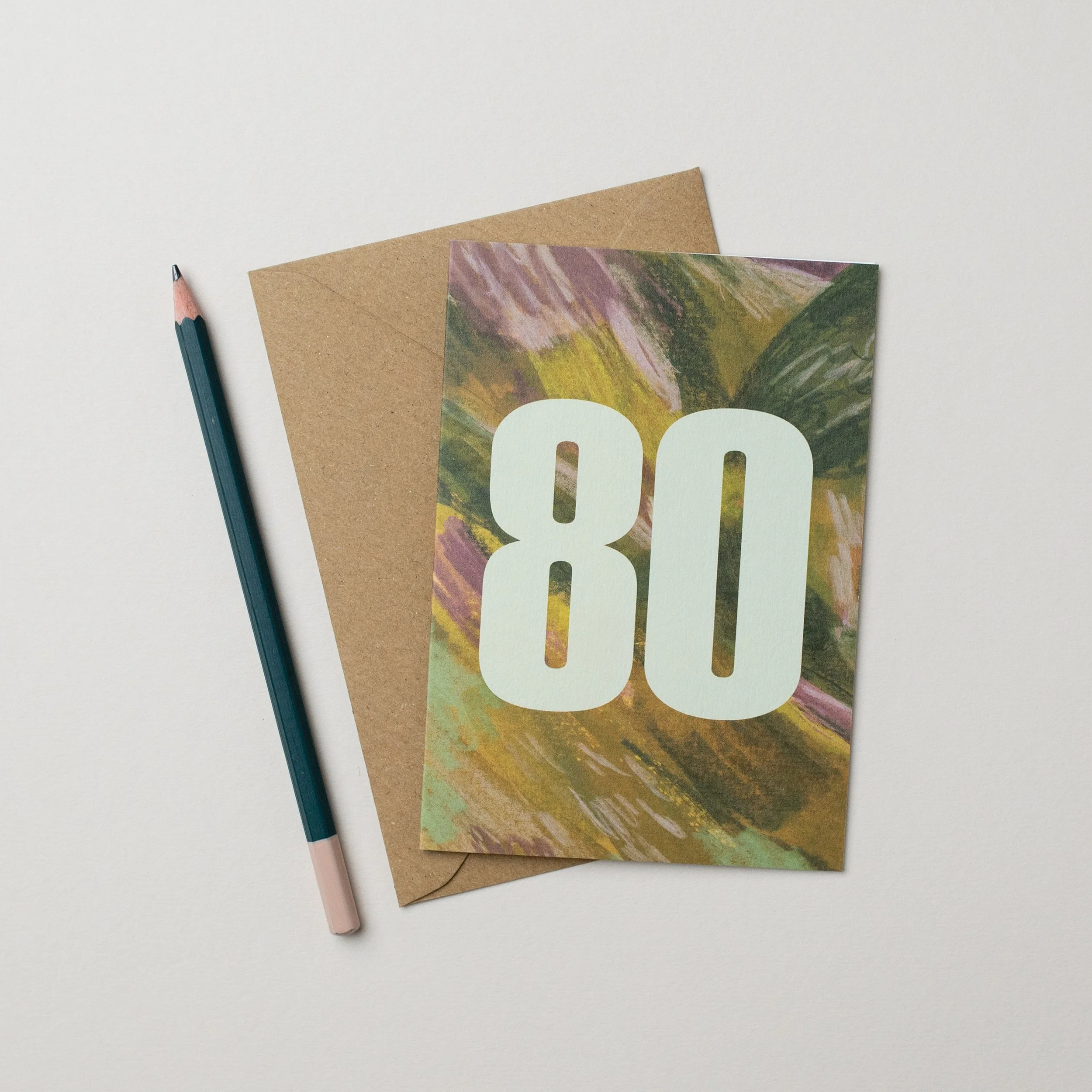 80th Birthday Card - Green Arty Textures