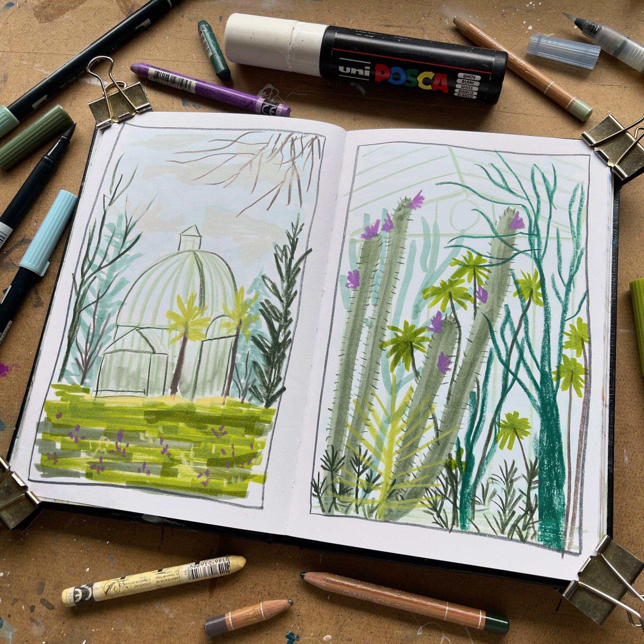 Today on my Patreon I&rsquo;m sharing a real-time narrated video of the creation of this sketchbook panel spread ✨

In the video I set two 7.5 minute timers and then fill my pages with the botanical garden scenes (from this week&rsquo;s Inspiration T