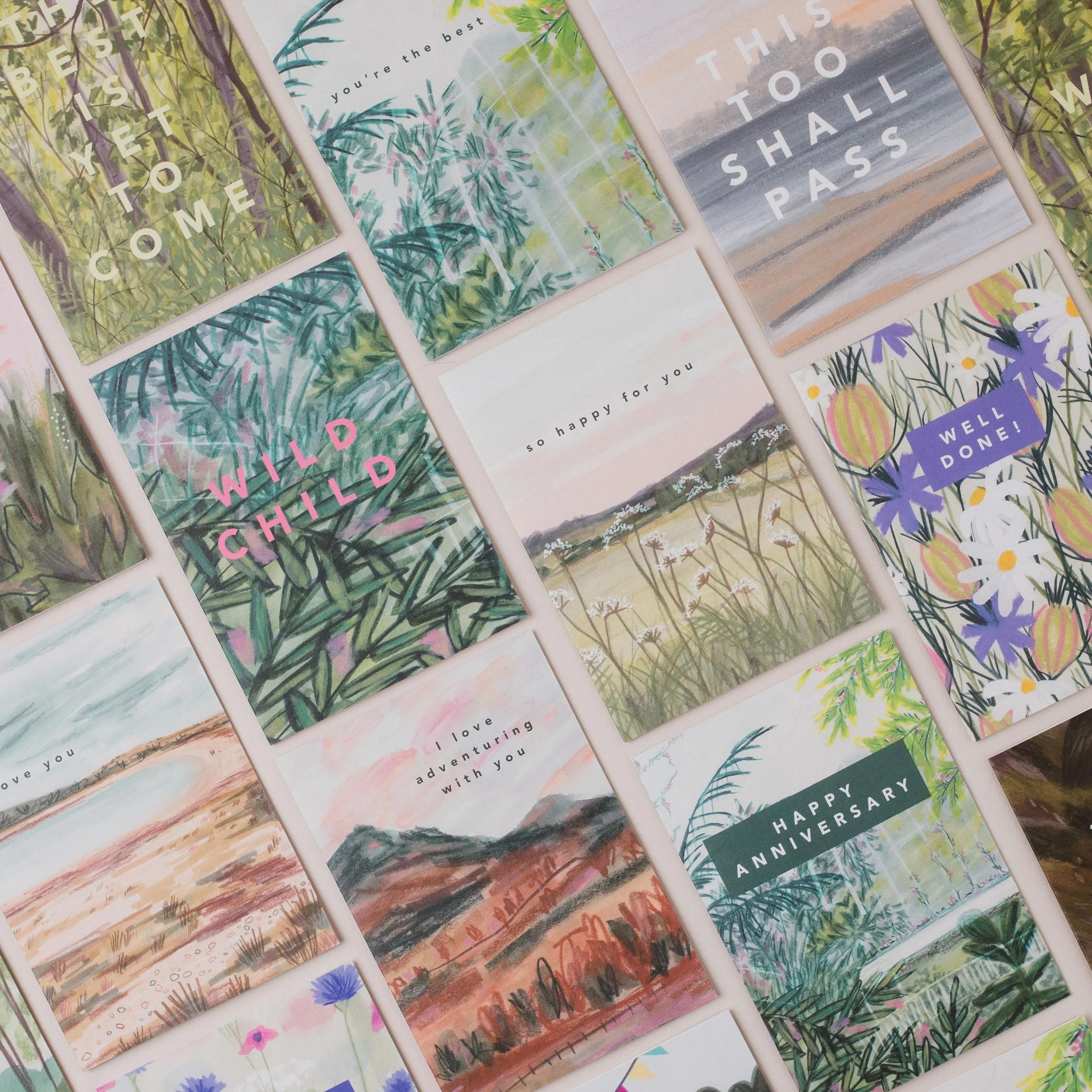 flat lay of assorted greetings cards
