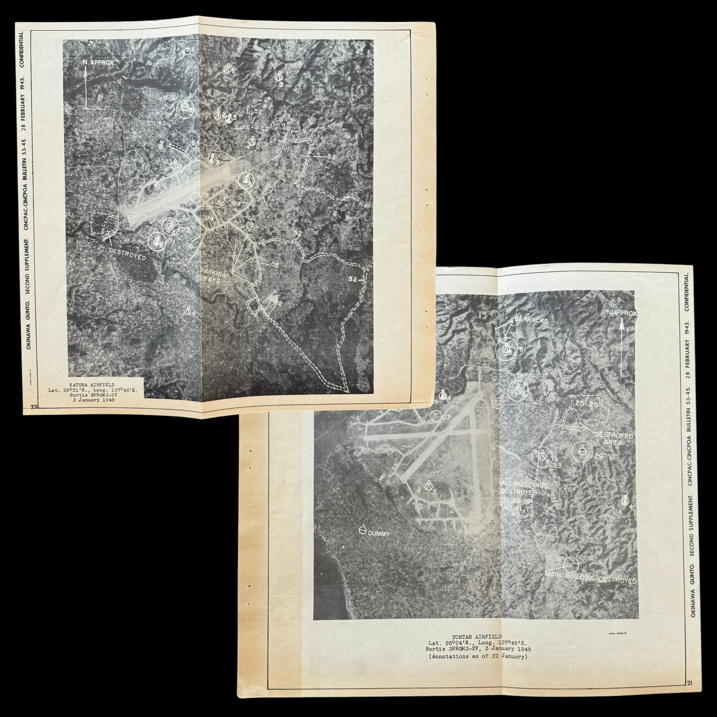 RARE! WWII 1945 CONFIDENTIAL Battle of Okinawa (Operation Iceberg) “Yontan & Kadena Airfields" Japanese Defenses & Fortifications Target Assault Map (Double-Sided)
