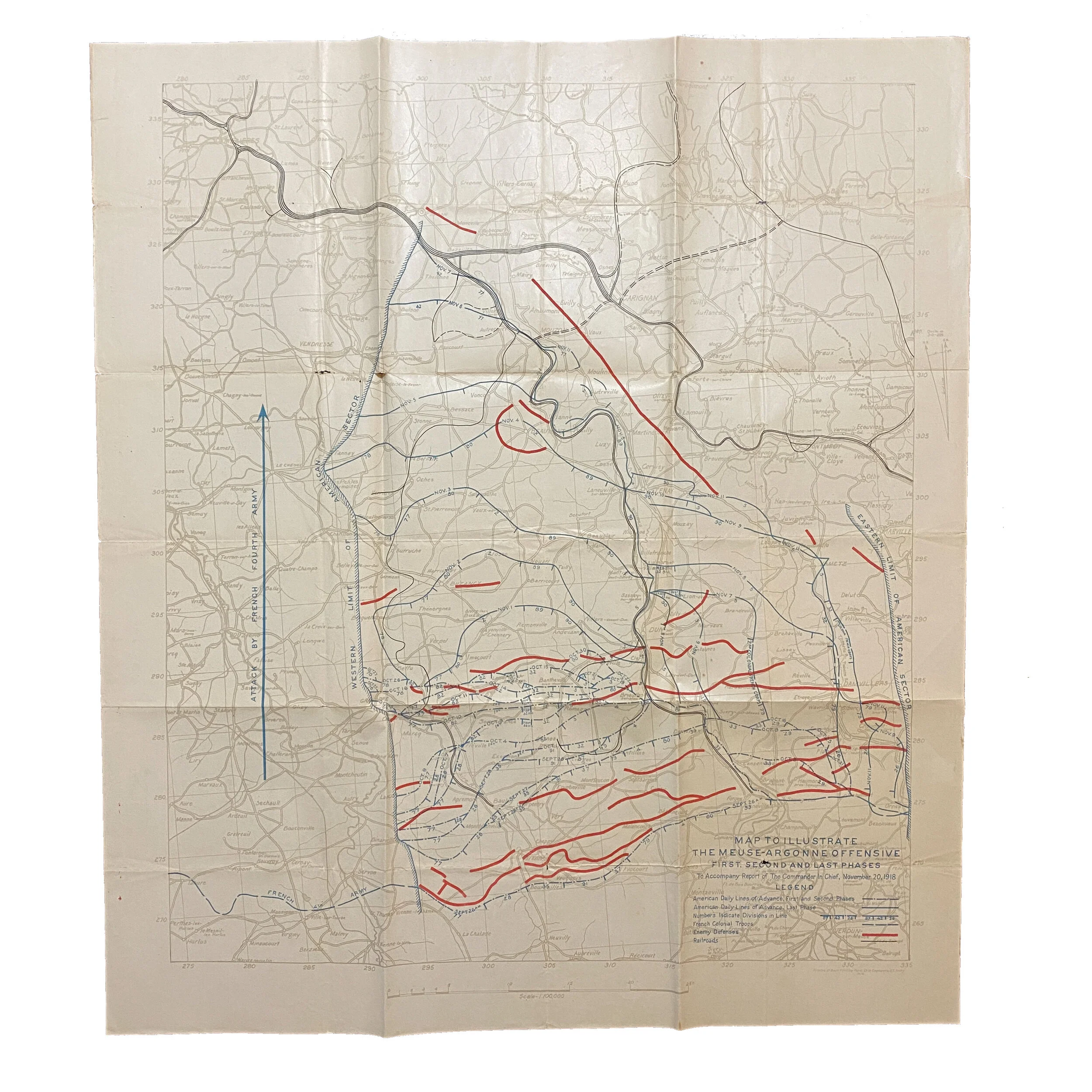 1918 The Meuse-Argonne Offensive 1st and 2nd Phases Advancement Officers Map