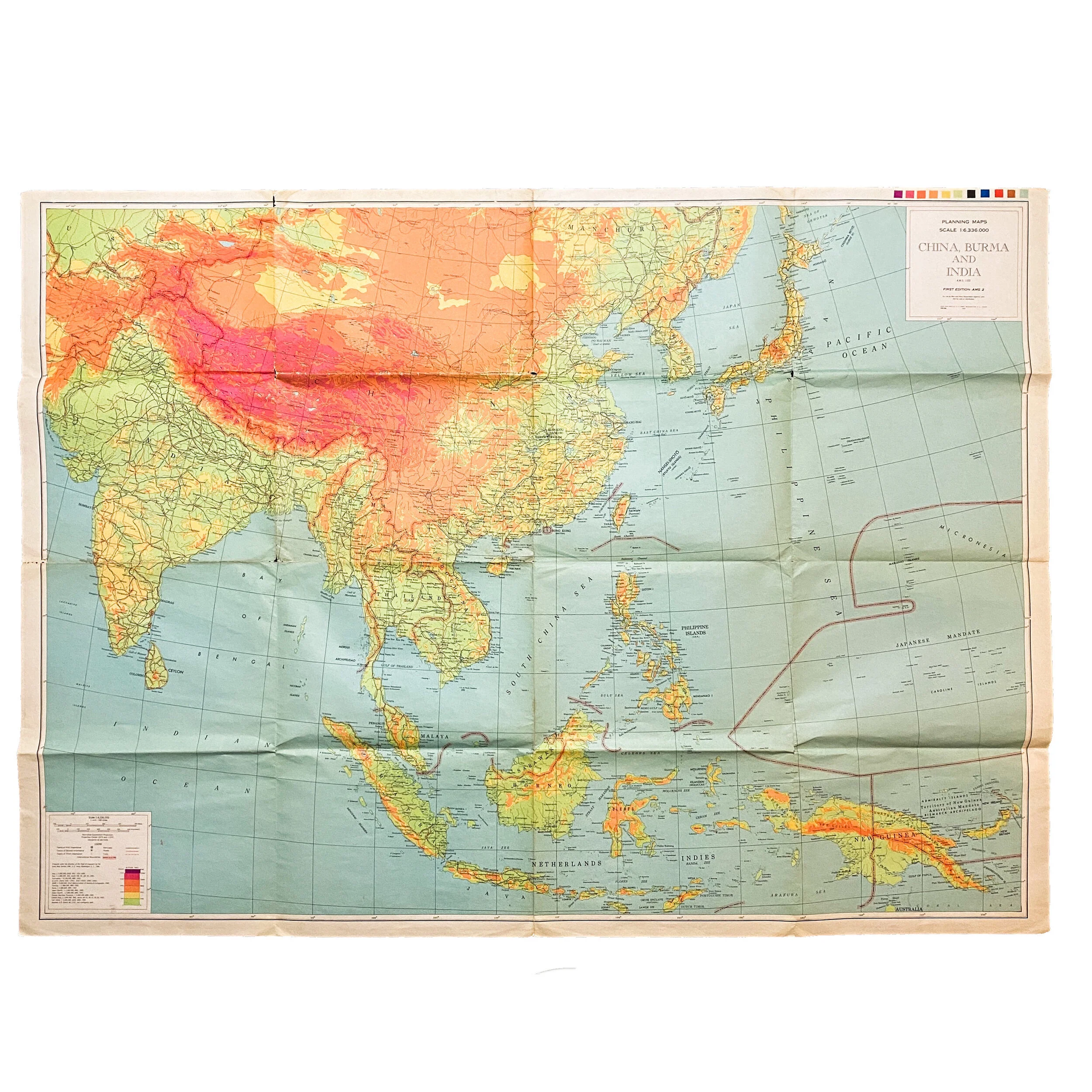 1944 War Room Pacific Theater U.S. Planning Map 'China, Burma, India'