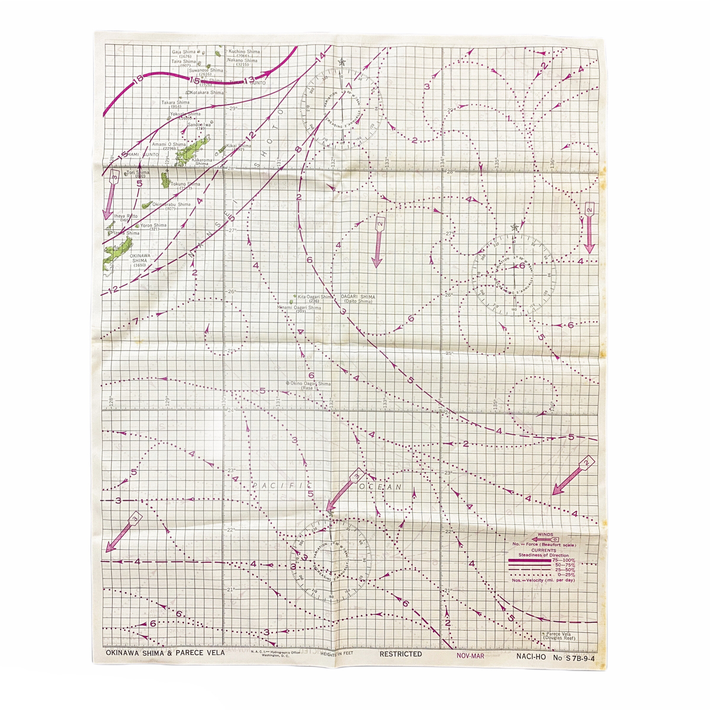 Okinawa &amp; Bonin Is Islands: Navy - Marine Pilot's NACI-HO Survival Cloth Life Raft Chart
