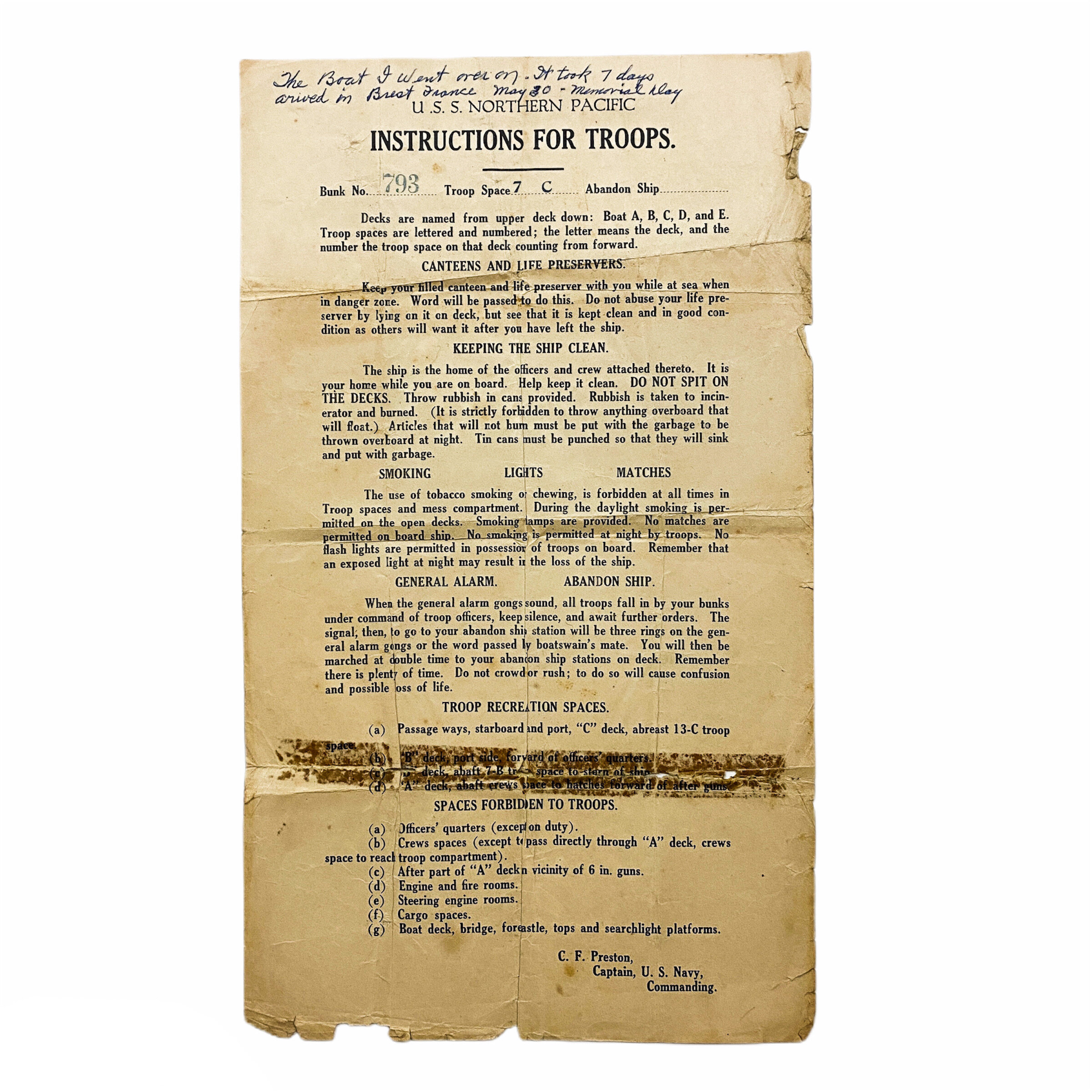 A.E.F. Soldier's Boarding Pass to France - USS Northern Pacific