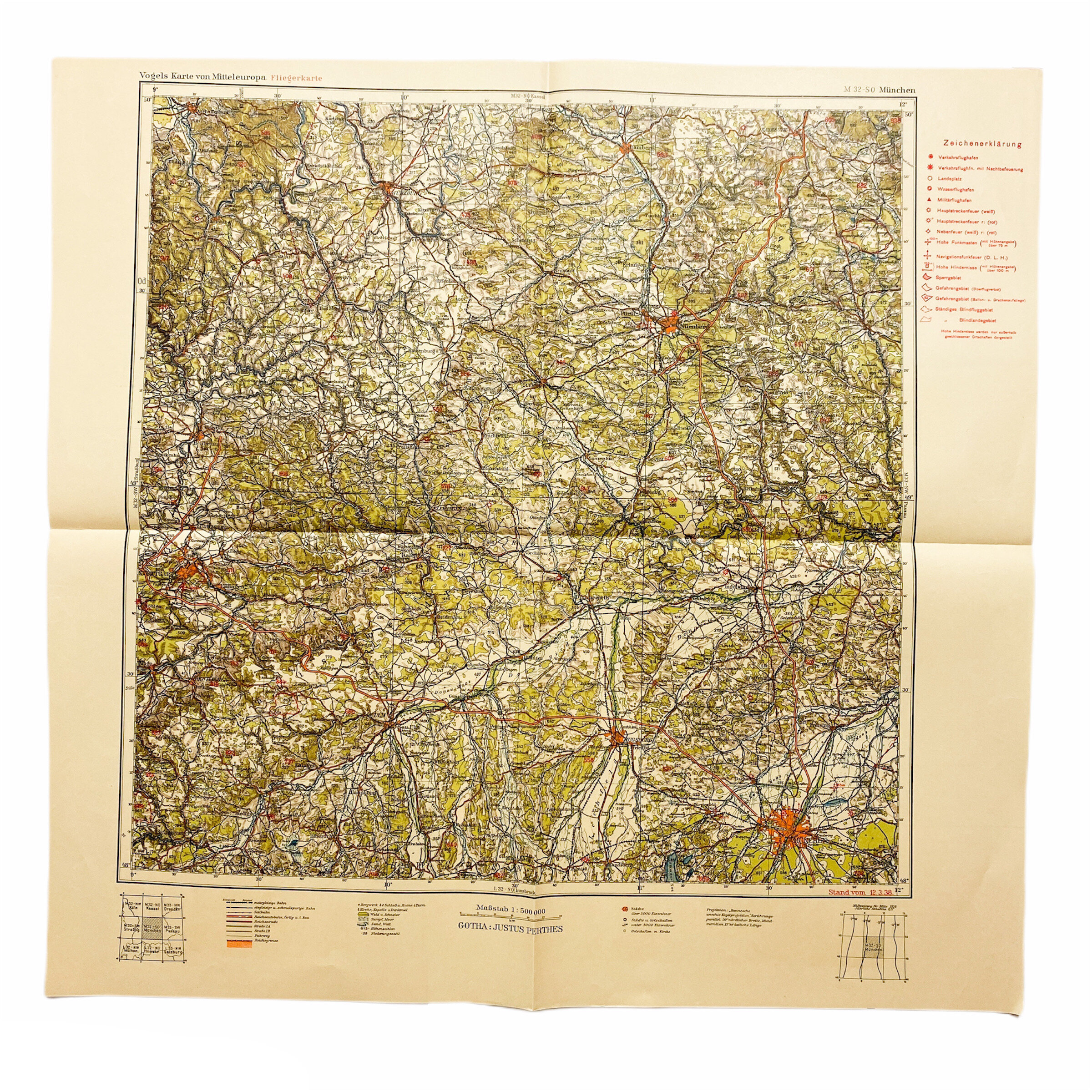 1938 Dated German "Munchen" (Munich) Map - Shows Area of 'Dachau Concentration Camp'