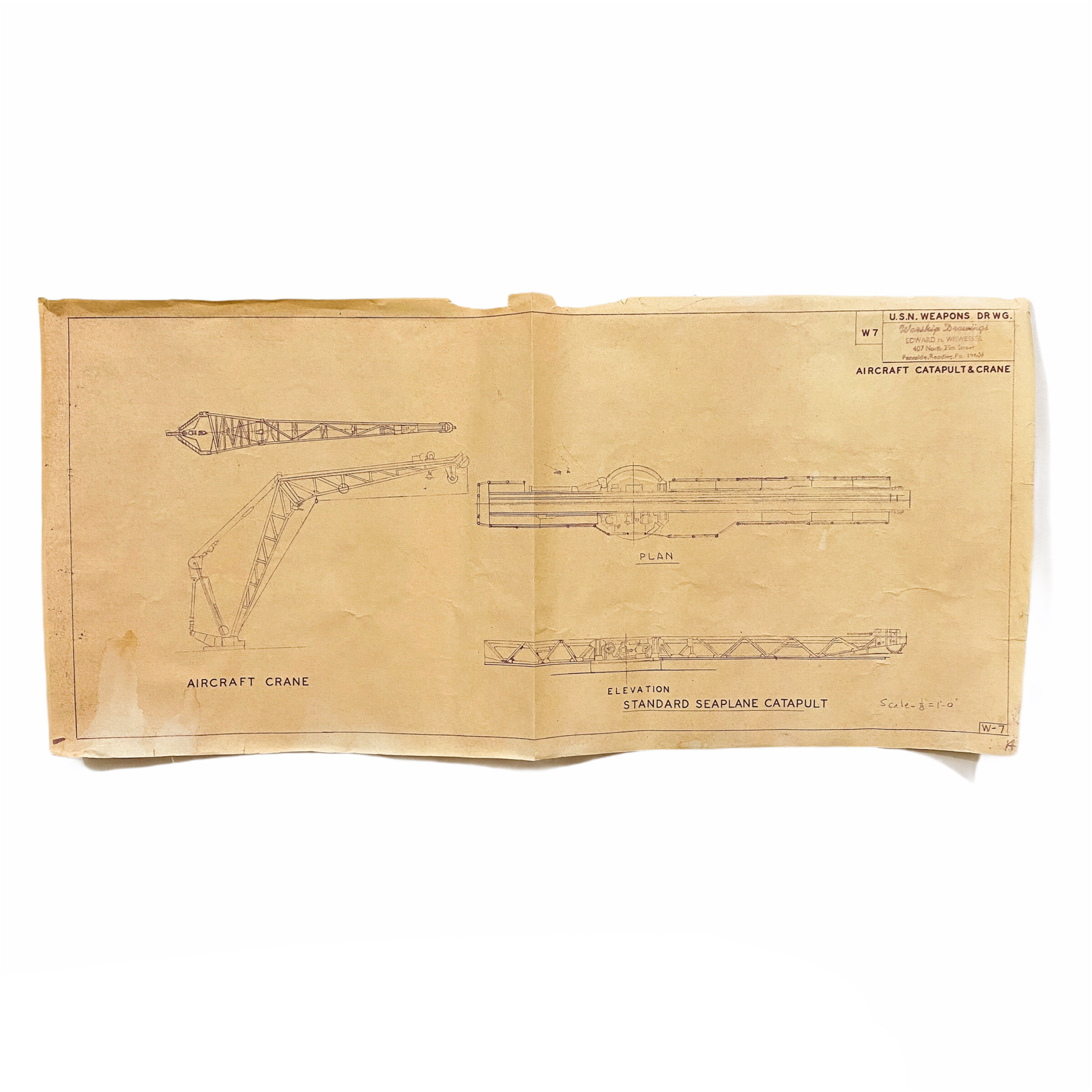 Aircraft Catapult &amp; Crane Layout Blueprint - Drawing W7 - Edward H. Wiswesser