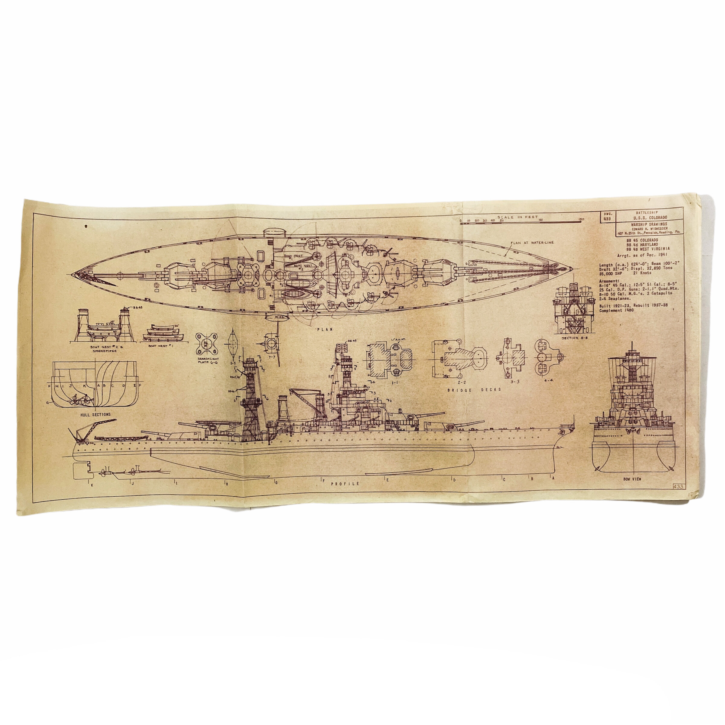 Battleship U.S.S. Colorado Layout Blueprint - Drawing 433 - Edward H. Wiswesser
