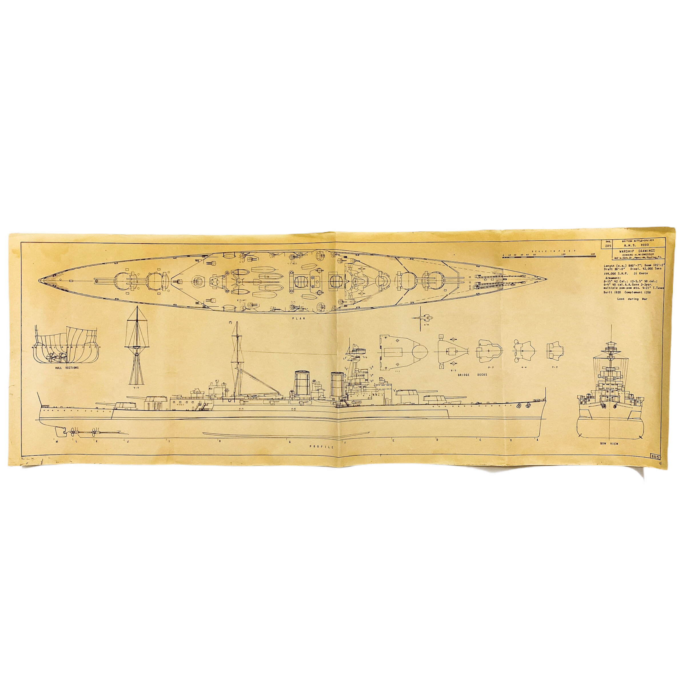 British Battle-Cruiser H.M.S. Hood Layout Blueprint - Drawing 205 - Edward H. Wiswesser