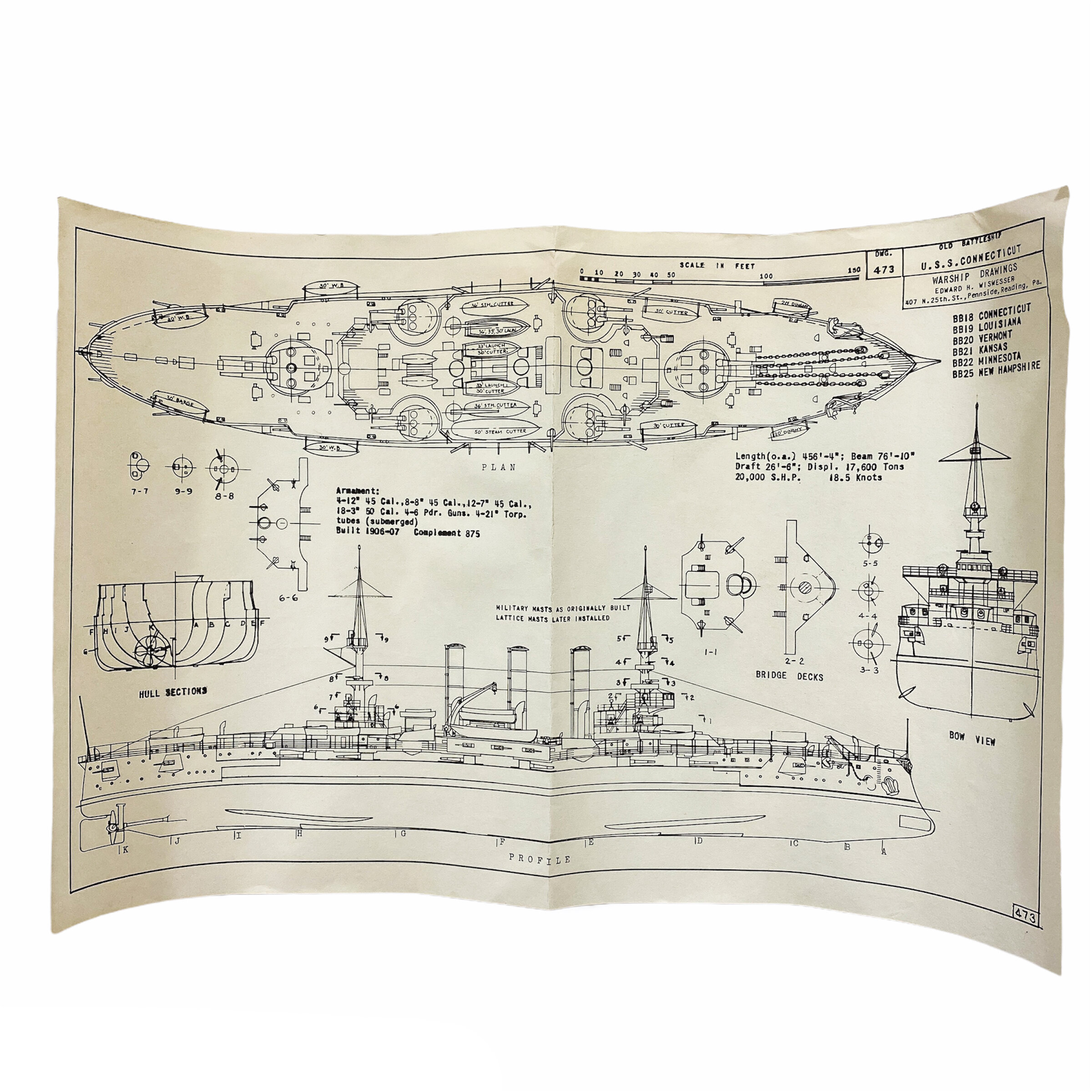 Connecticut Class Battleship U.S.S. Connecticut Layout Blueprint - Drawing 473 - Edward H. Wiswesser