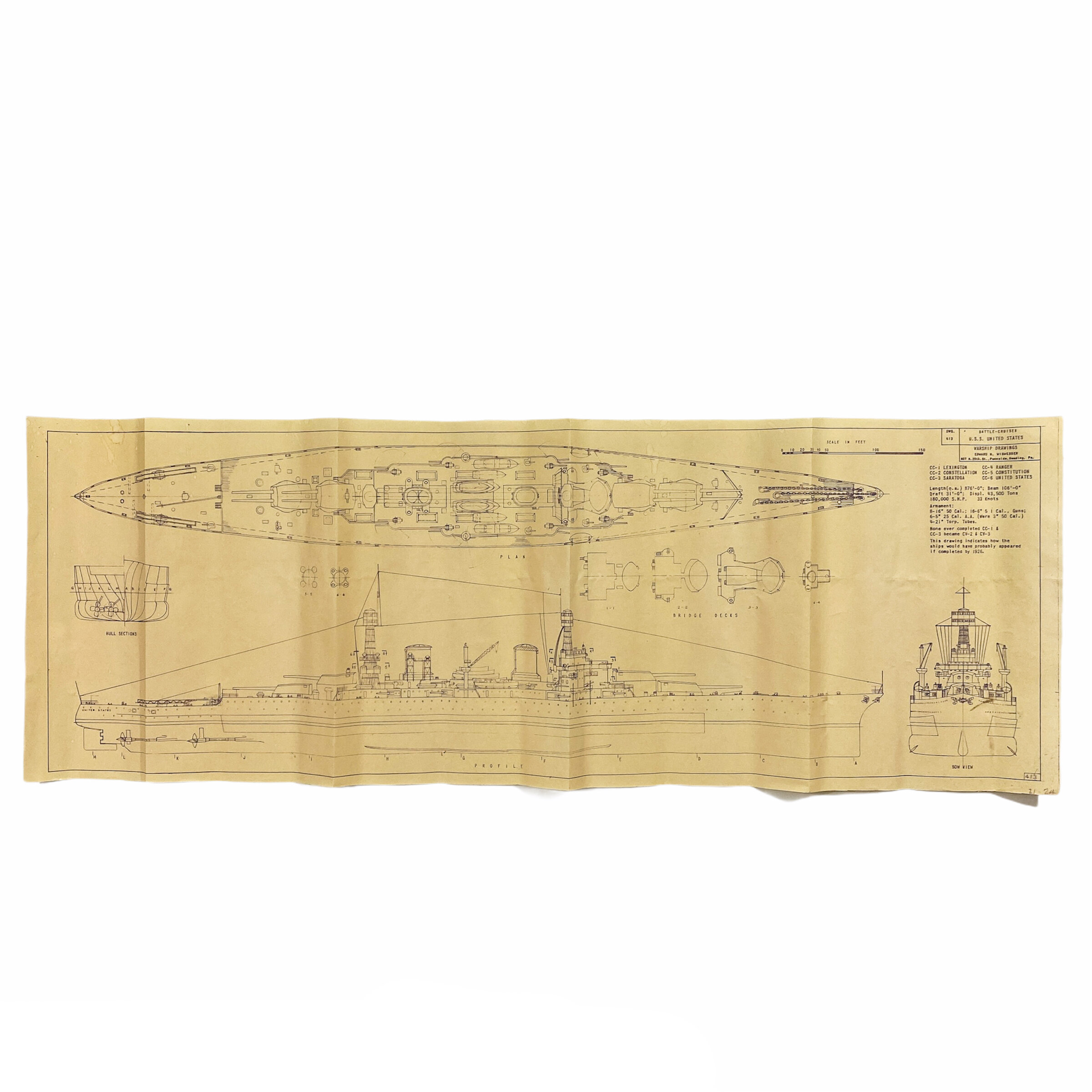 Battle-Cruiser U.S.S. United States (Lexington) Layout Blueprint - Drawing 413 - Edward H. Wiswesser