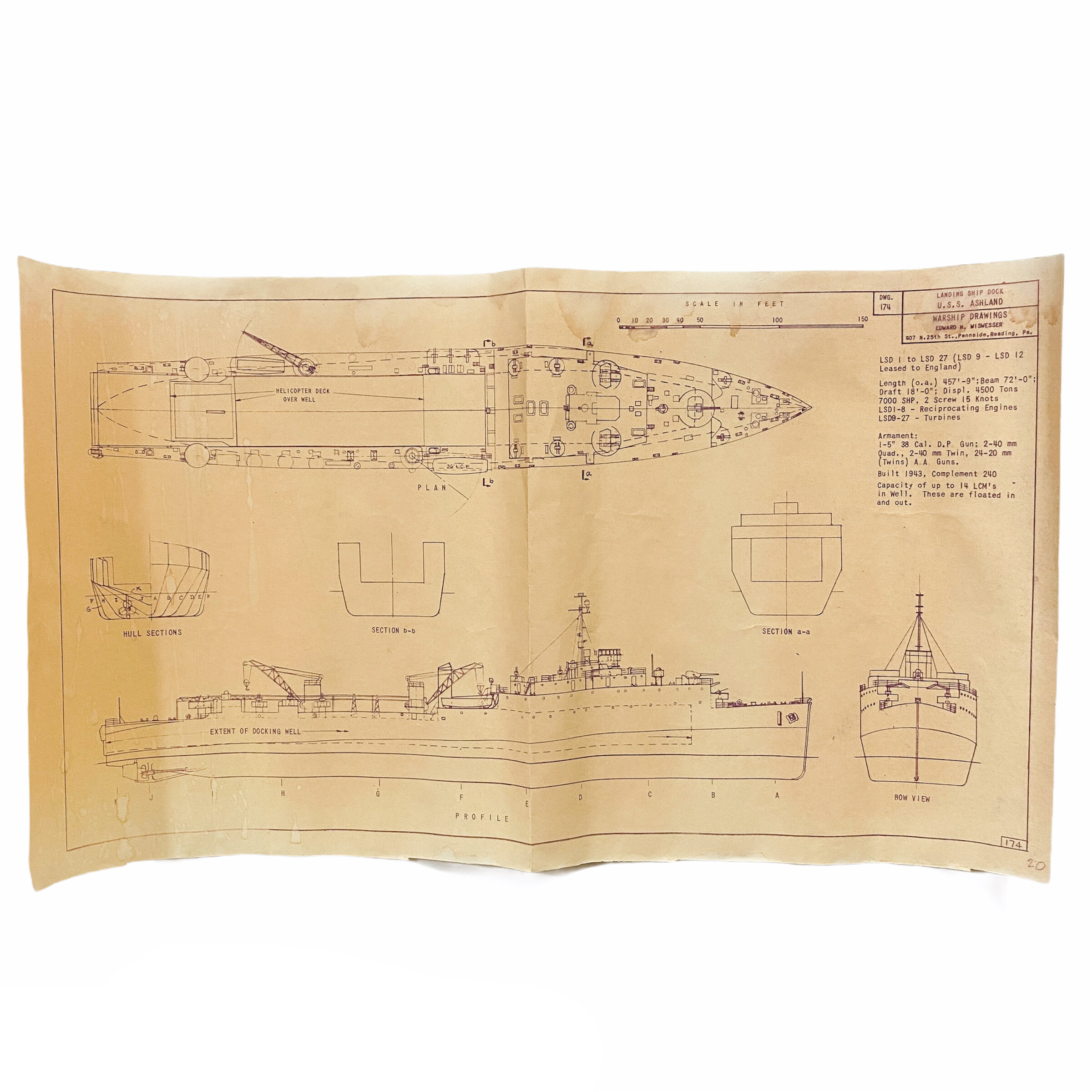 Landing Ship Dock U.S.S. Ashland Layout Blueprint - Drawing 174 - Edward H. Wiswesser