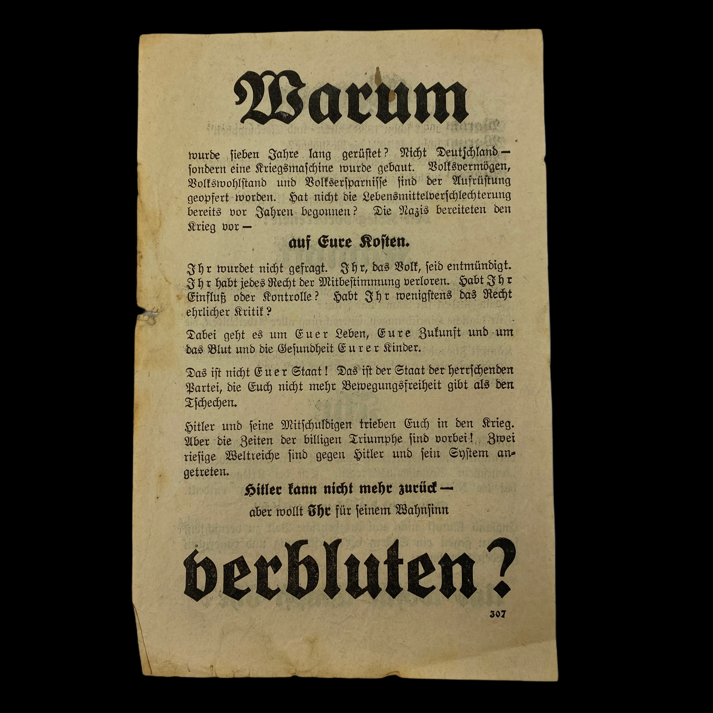 WWII Era 1940 Airborne Heavy Bomber Dropped British Propaganda Leaflet Dropped on Germans