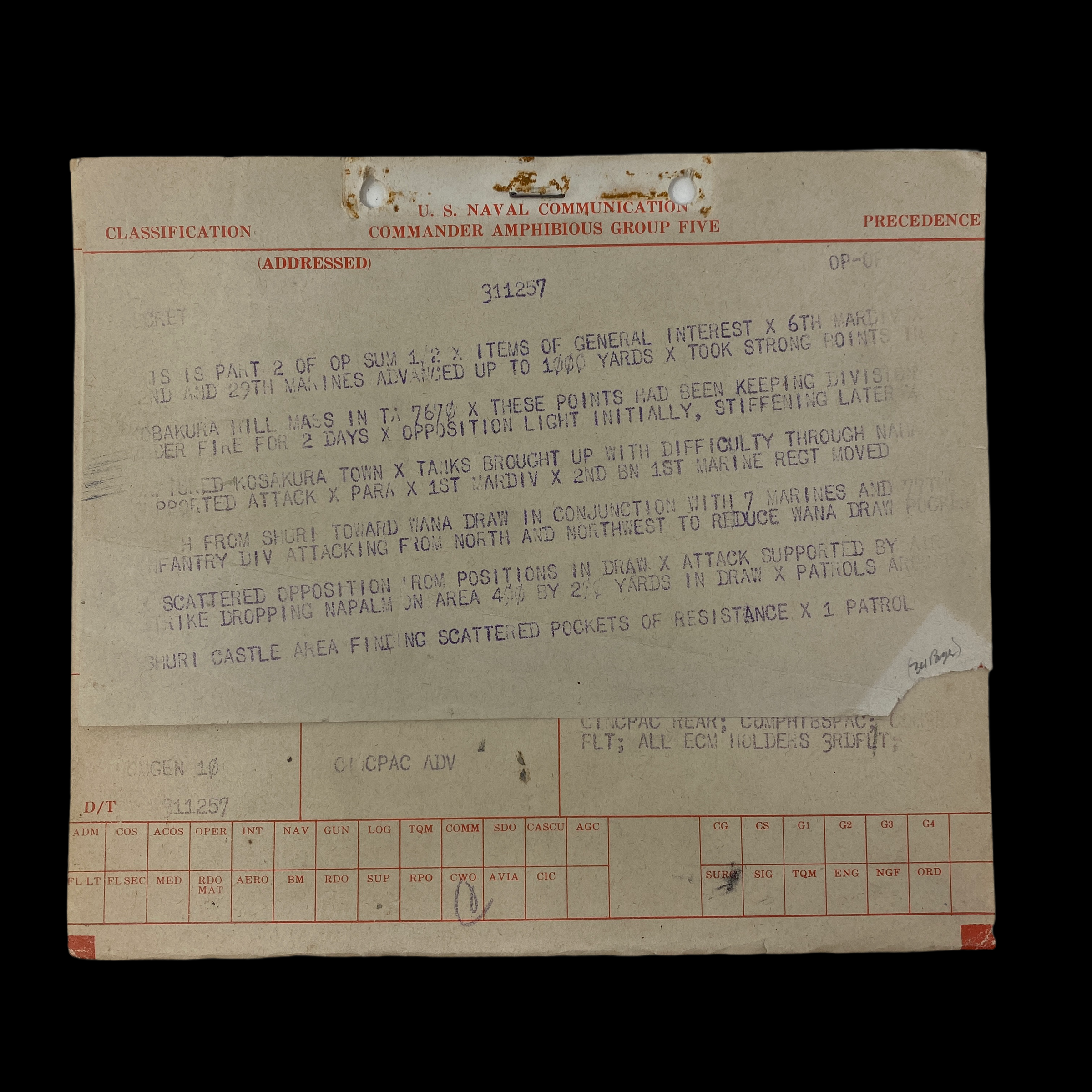 RARE* 'SECRET' Simon Bolivar Buckner Jr. Commander Amphibious Group Five (June 1st, 1945) Battle of Okinawa Intelligence Report