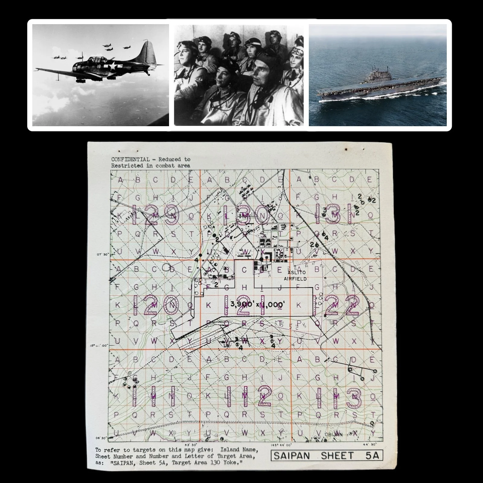 RARE WWII D-Day Saipan Lt. Moore USS Enterprise Japanese Aslito Airfield Target Map