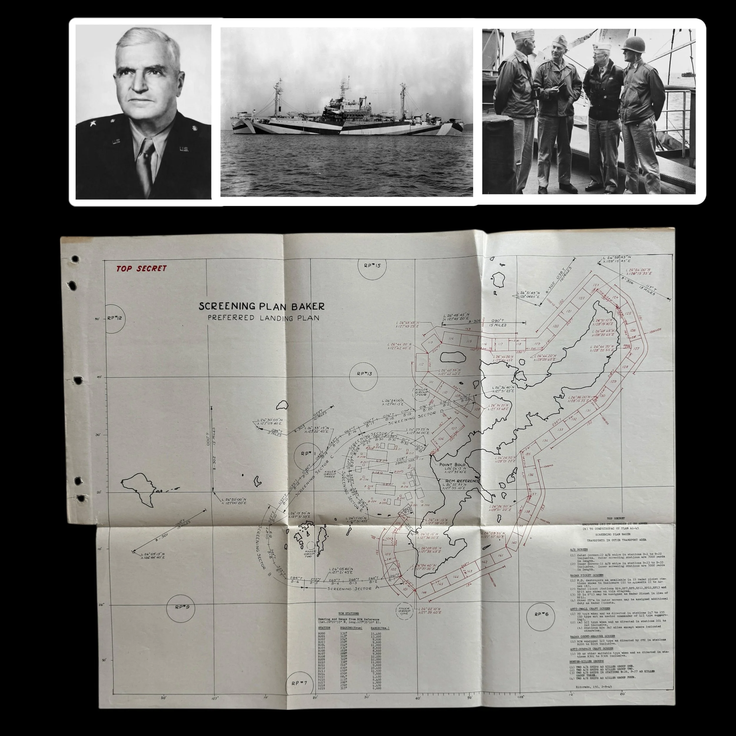 Extremely Rare 1945 WWII USS Eldorado General Buckner TOP SECRET D-Day Battle of Okinawa Operation Iceberg ‘Screening Plan Baker’ Invasion Map