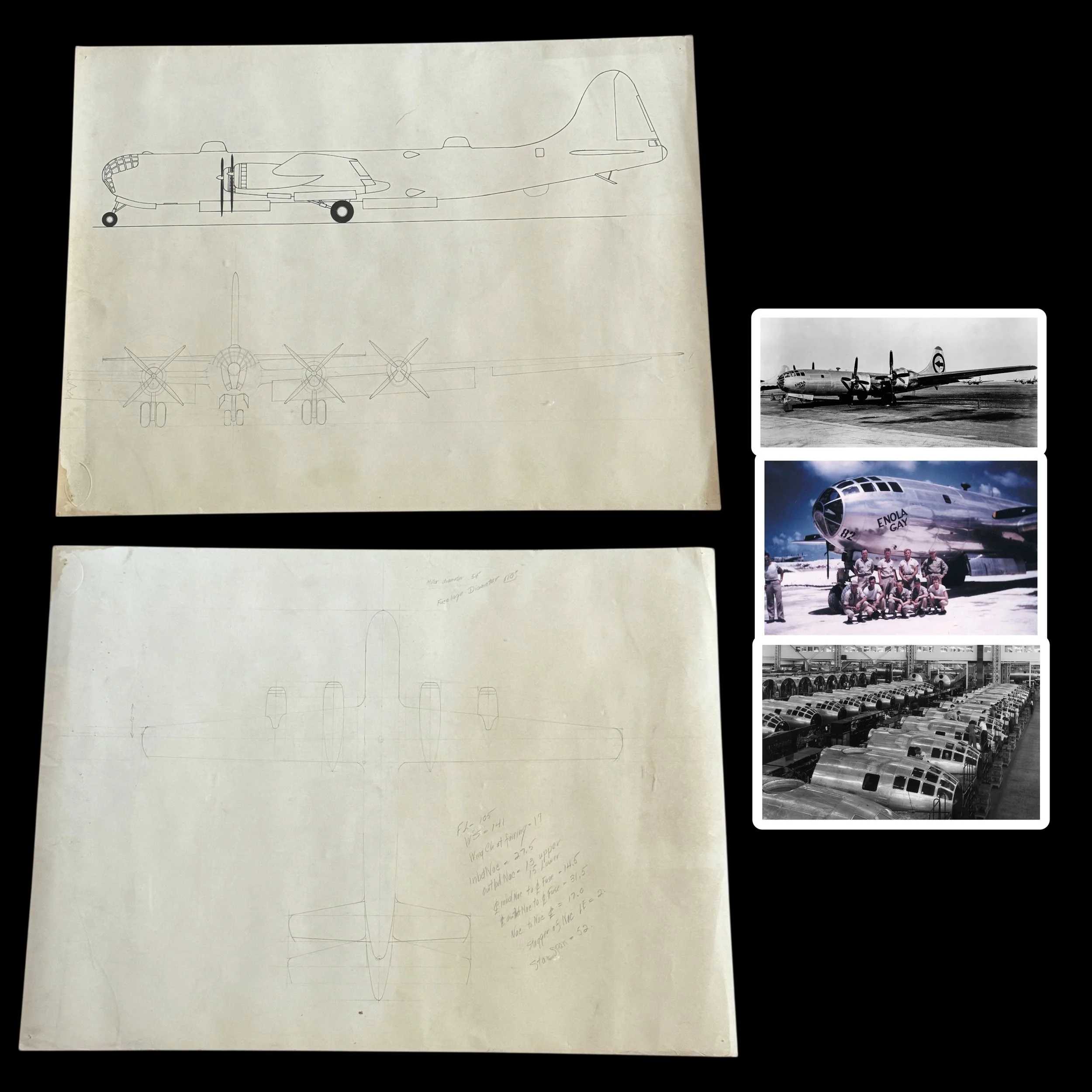 EXTREMELY RARE! Original WWII Engineer’s Hand-Drawn Boeing B-29 Superfortress Revisions Blueprint from Boeing Wichita Division "Birthplace of the Atomic Bomb Aircraft" (DOUBLE-SIDED)