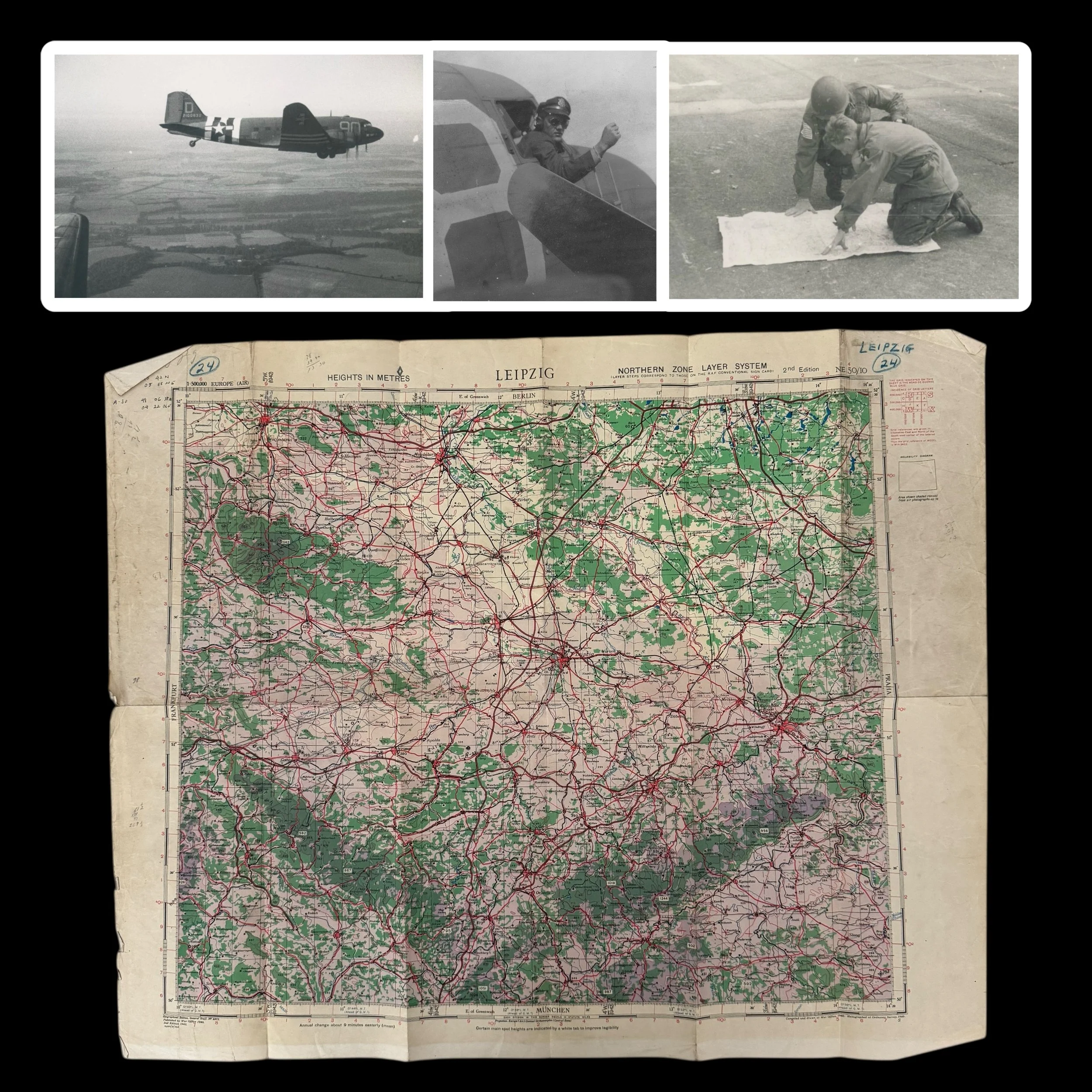RARE! WWII 2nd Lt. Rinard Douglas C-47 Leipzig Germany "Mission Marked" 437th Troop Carrier Group Combat Flight Map (EXAC WOUNDED/RESUPPLY MISSIONS)