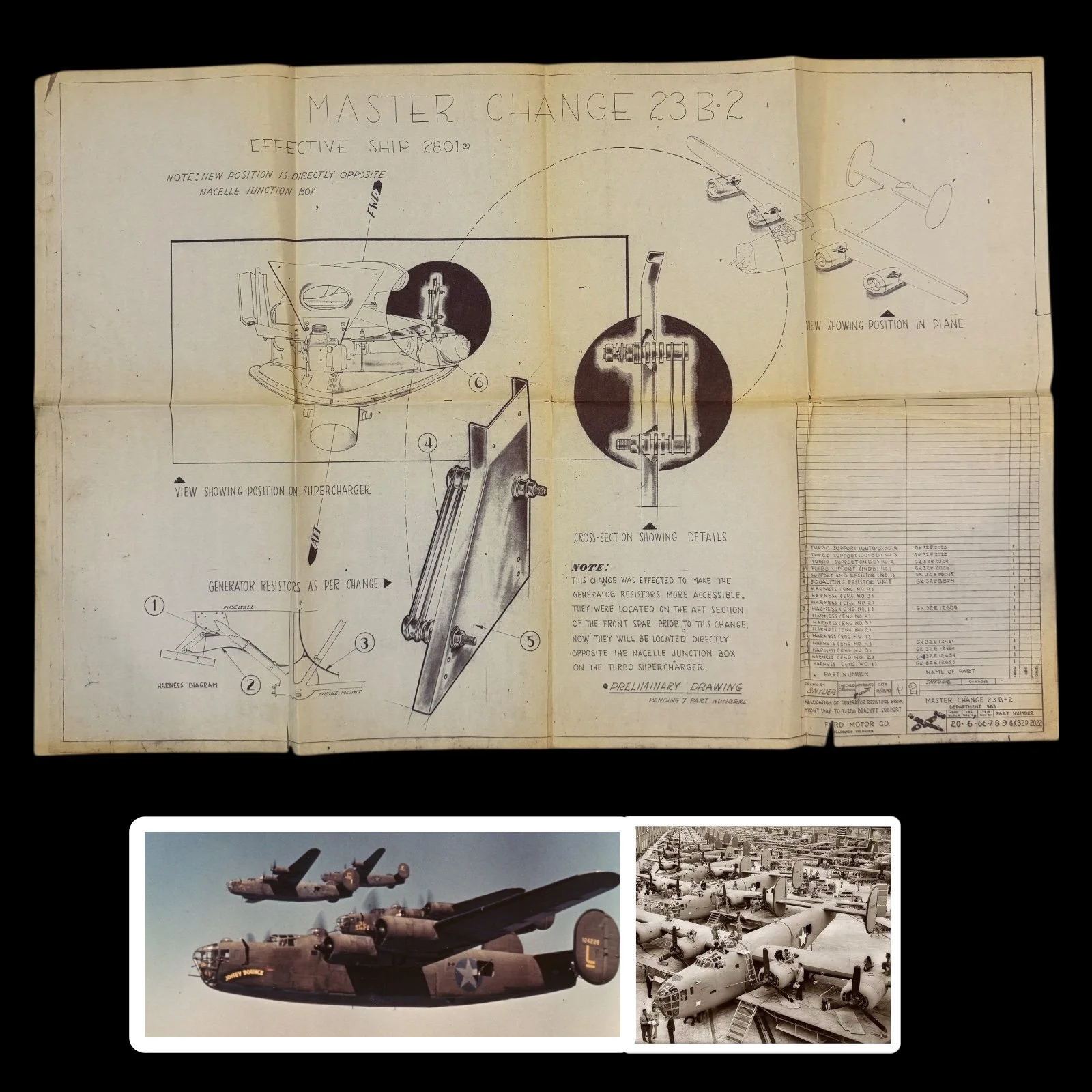VERY RARE! WWII October 1943 U.S. Army B-24 Liberator Ford Motor Company "Generator Resistors & Turbo Bracket Support" Engineering Aircraft Blueprint
