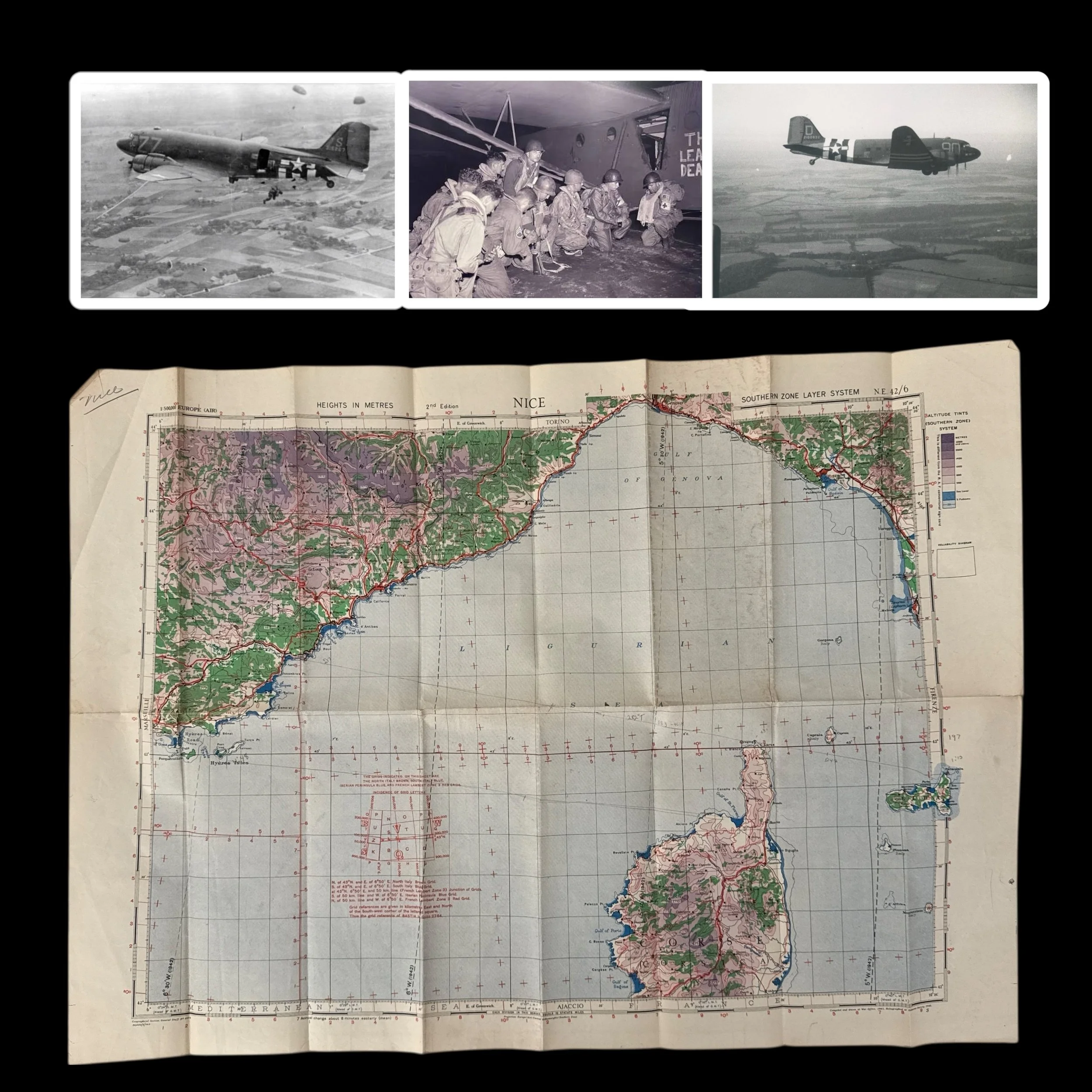 RARE! WWII 1944 Operation Dragoon 2nd Lt. Rinard Douglas C-47 Nice France "Mission Marked" 437th Troop Carrier Group Combat Flight Map (RESUPPLY MISSIONS)