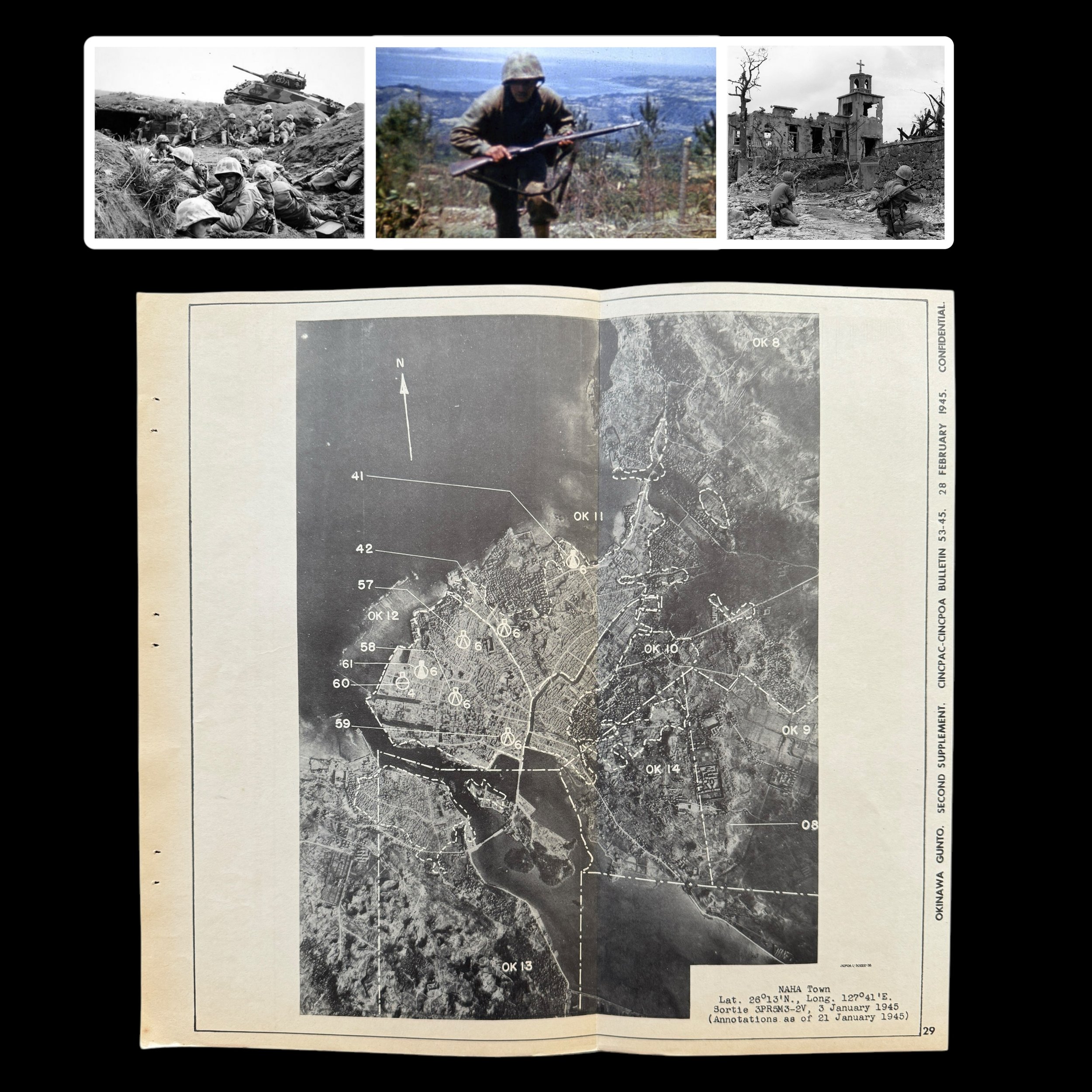 RARE! WWII 1945 CONFIDENTIAL Battle of Okinawa (Operation Iceberg) “Naha" Japanese Defenses & Fortifications Target Assault Map