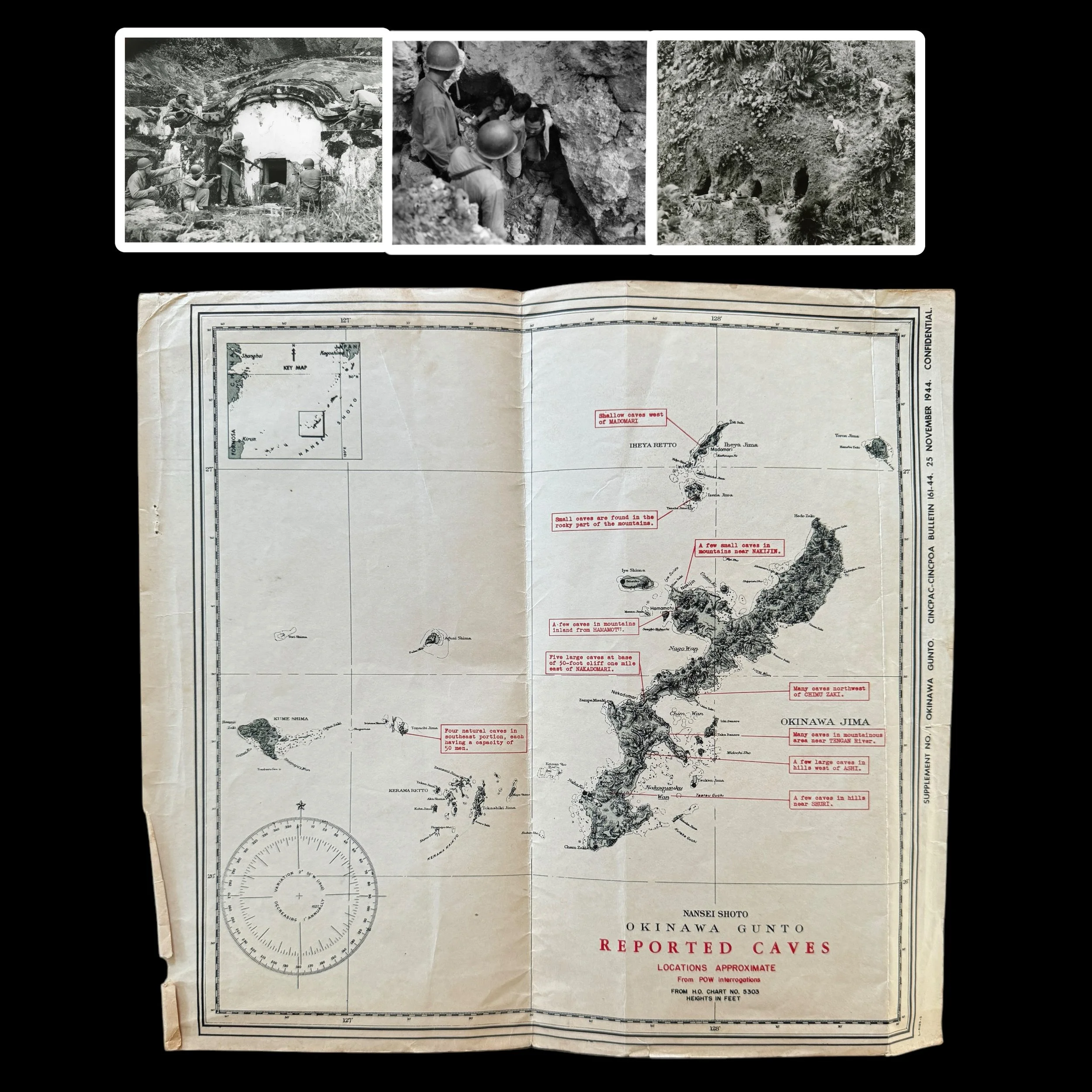 RARE! WWII CONFIDENTIAL Battle of Okinawa (Operation Iceberg) “Reported Japanese Caves" Japanese POW Integration Map