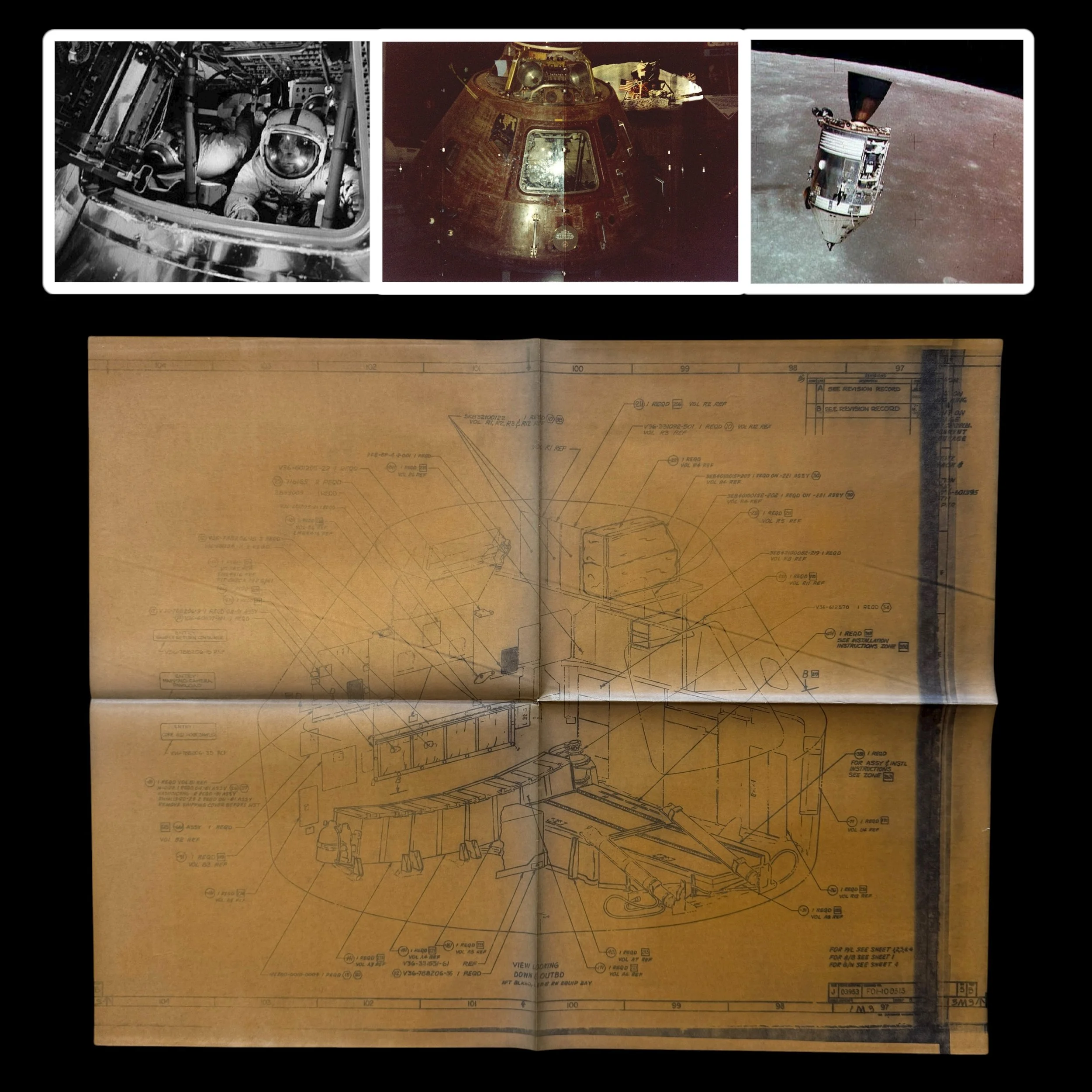 VERY RARE! Original 1971 Apollo 16 NASA Apollo Command Service Module (CSM) Blueprint with NASA Engineer Apollo 16 & 17 Mission CSM Modifications