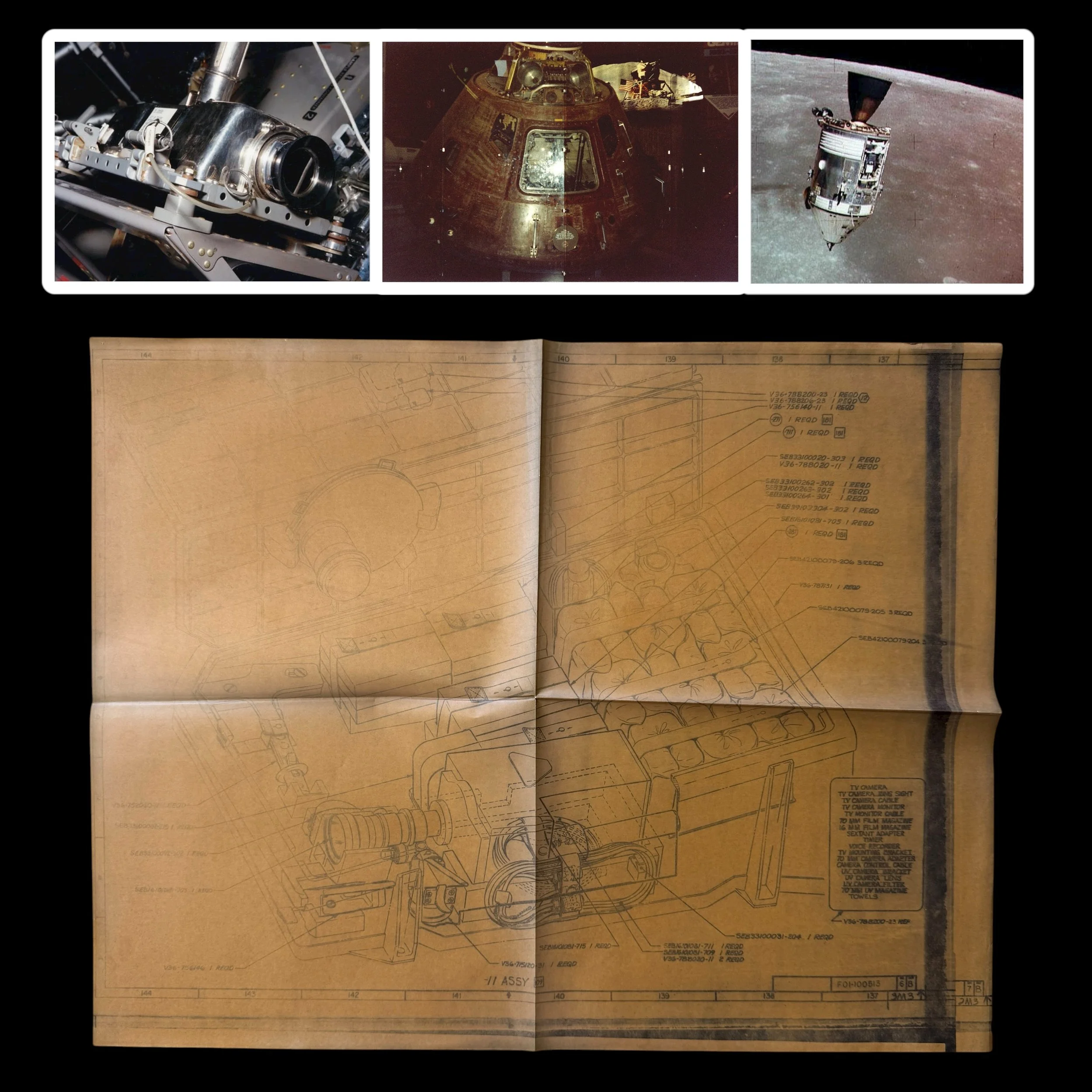 VERY RARE! Original 1971 Apollo 16 NASA Apollo Command Service Module (CSM)  TV Camera Installation Blueprint with NASA Engineer Apollo 16 & 17 Mission CSM Modifications