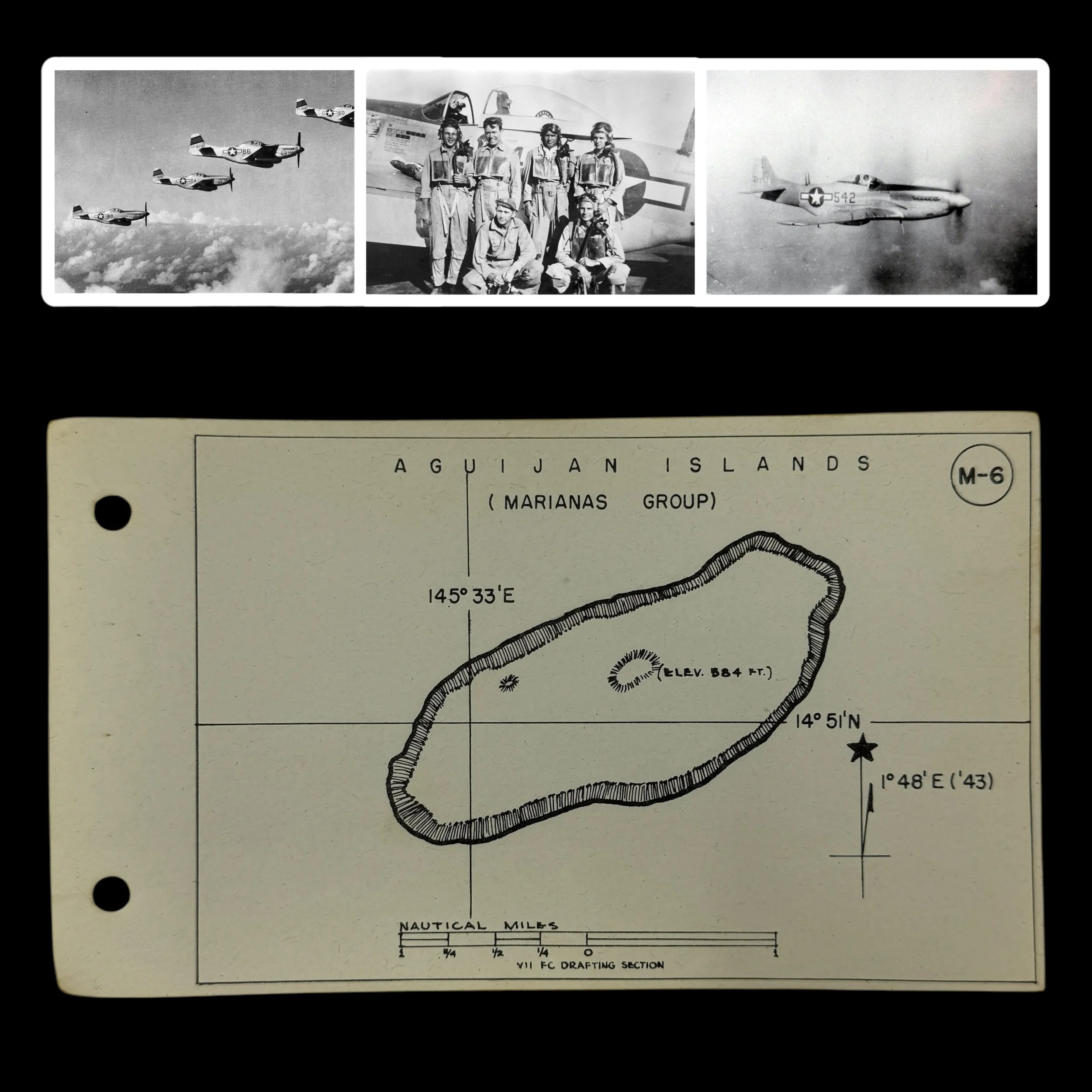 RARE! WWII VII Fighter Command P-51 Mustang Pilot Aguijan Islands (Marianas Group) "Kneepocket" Flight Combat Map