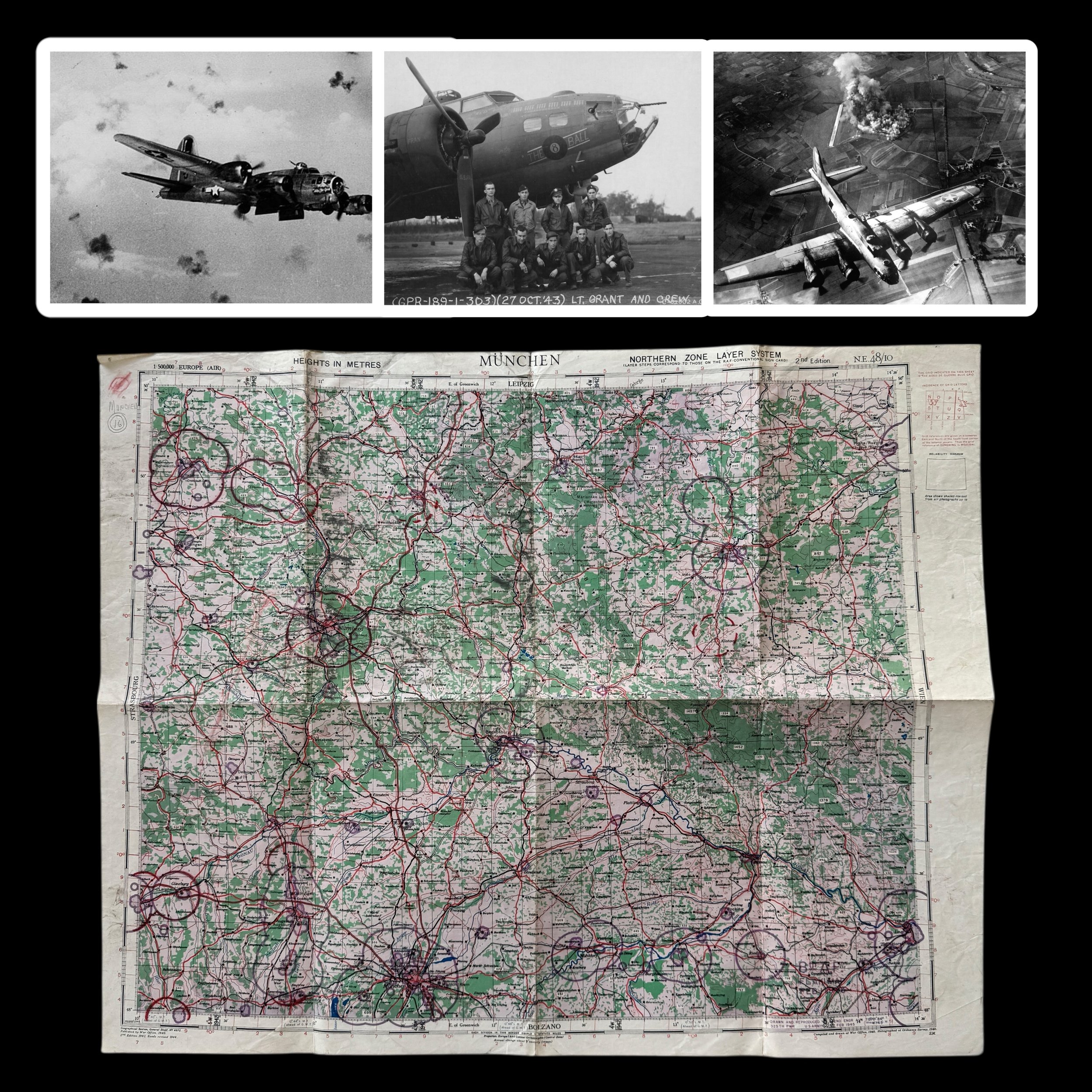RARE! WWII 1945 Eighth Air Force B-17 Flying Fortress München (Munich) & Nürnberg 8th Air Force Combat FLAK MAP (Heavily Used)