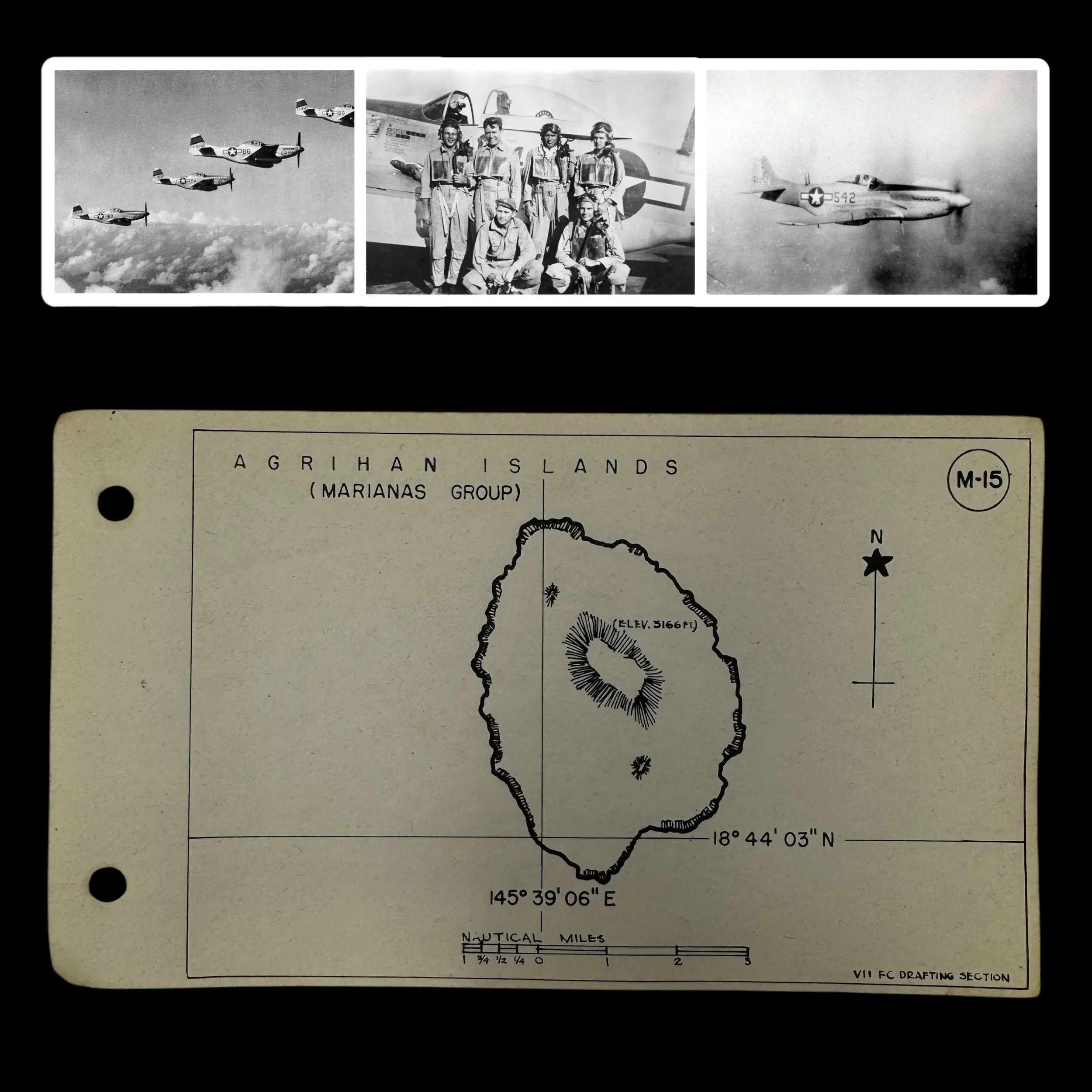 RARE! WWII VII Fighter Command P-51 Mustang Pilot Agrihan Islands (Marianas Group) "Kneepocket" Flight Combat Map
