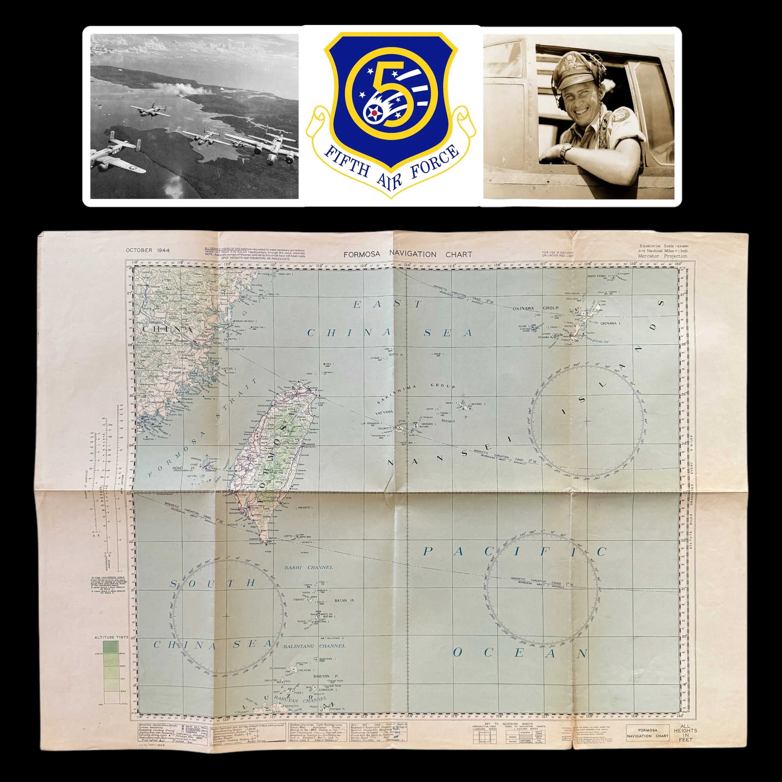 EXTREMELY RARE! WWII 1944 U.S. 5th Air Force Formosa & Okinawa Pacific Theater Campaign Combat Flight Navigation Map (Specially Produced For U.S. 5th Air Force Missions)
