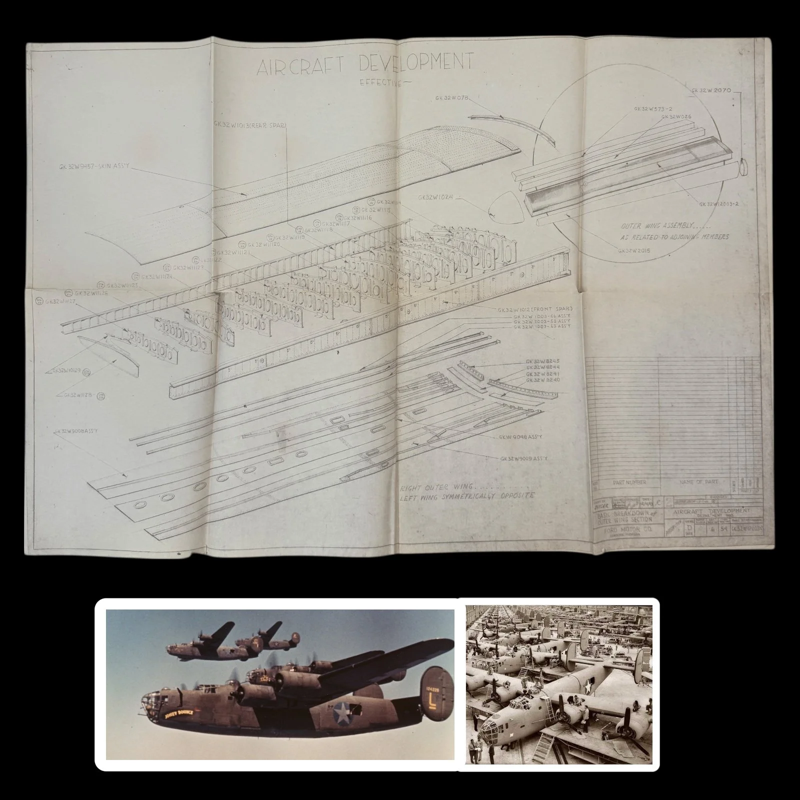 VERY RARE! WWII December 1943 U.S. Army B-24 Liberator Ford Motor Company " Outer Wing Section" Engineering Aircraft Blueprint