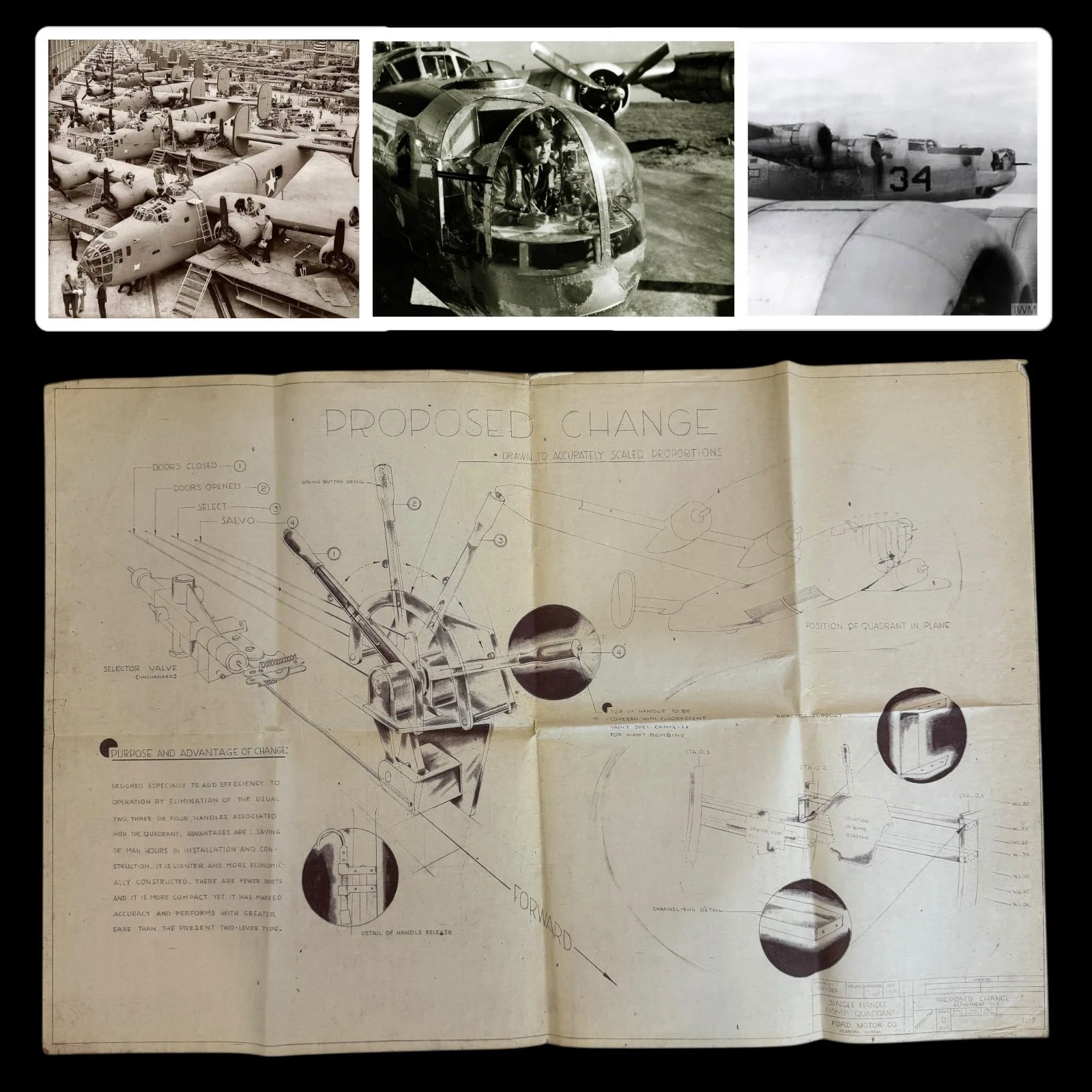 VERY RARE! WWII July 1943 U.S. Army B-24 Liberator Ford Motor Company "Single Handle Bombardier Bomb Release Lever " Engineering Aircraft Blueprint