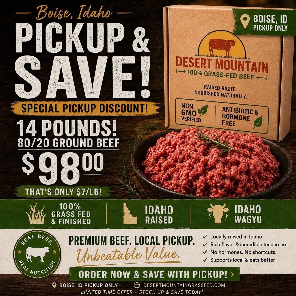 HEY BOISE!! 🤠📦 
Have we got a DEAL for you&hellip; 

Stock up on premium Idaho-raised Wagyu ground beef for LESS with local pickup! 🥩✨ 

✔️ 100% Grass-Fed &amp; Finished 
✔️ Idaho Wagyu 
✔️ Non-GMO 
✔️ No Antibiotics or Hormones 
✔️ Rich flavor + 