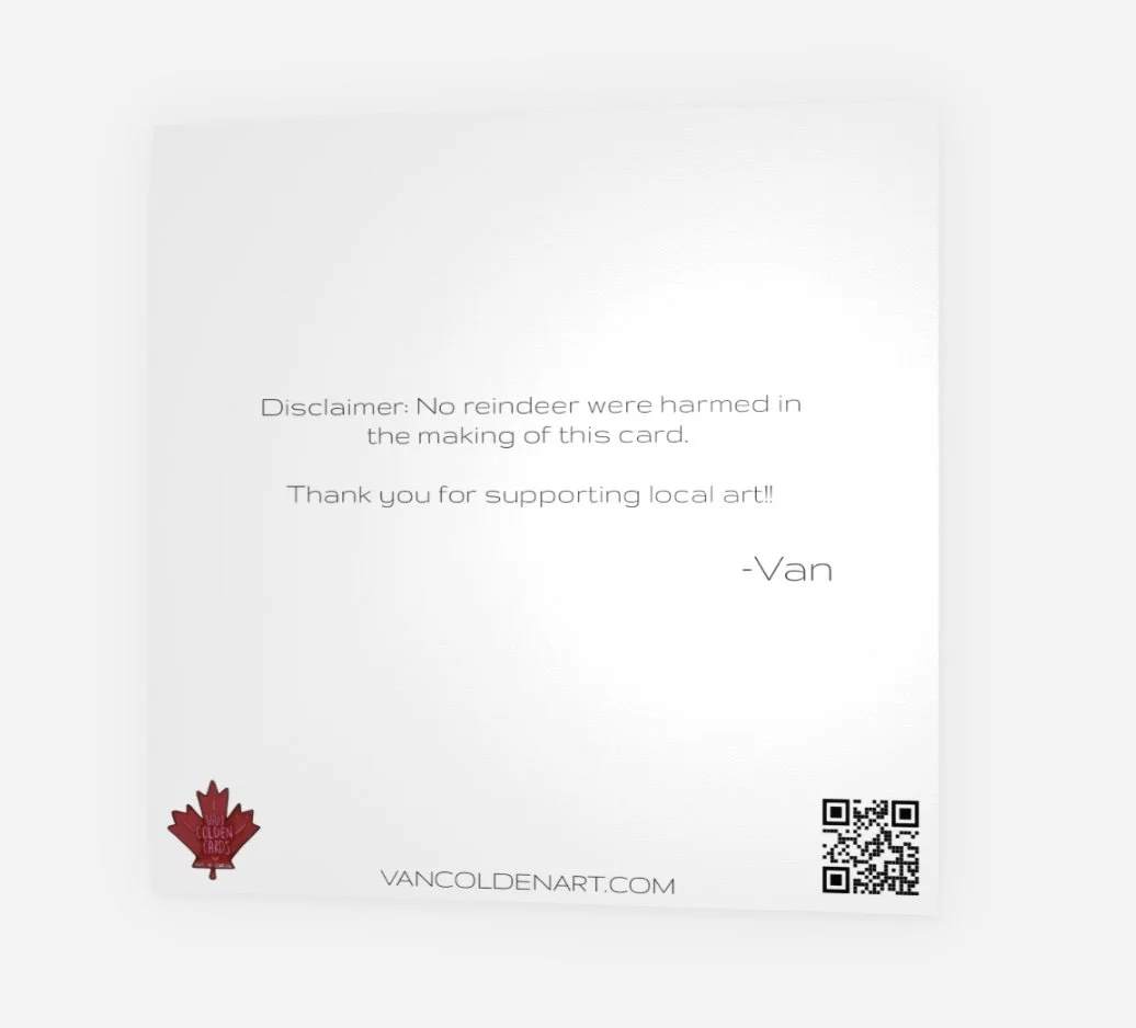 The back of the "Buckhorn Christmas" card with a disclaimer that states that no reindeers were harmed in the making of this card.