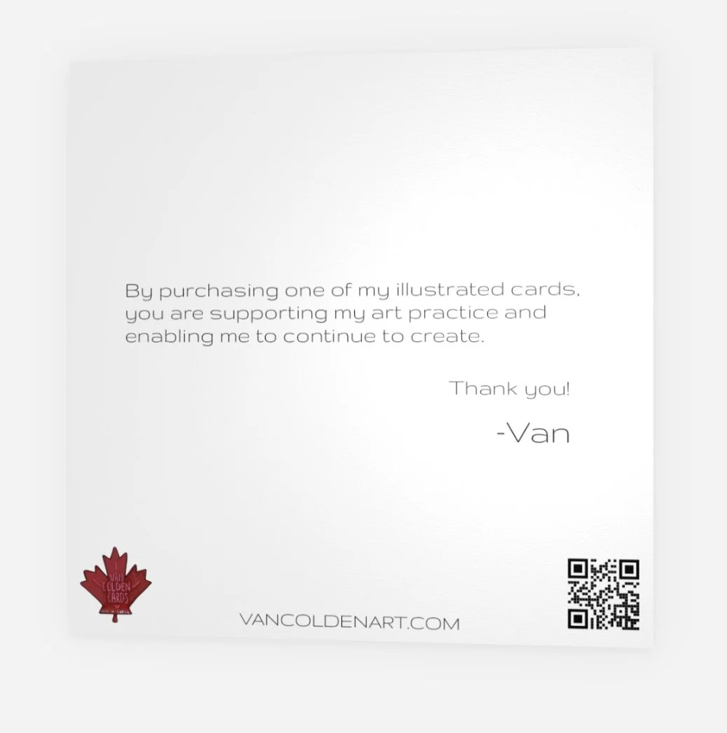 The back of the "Sleigh the glades" christmas card with a short thank you for supporting local art message.