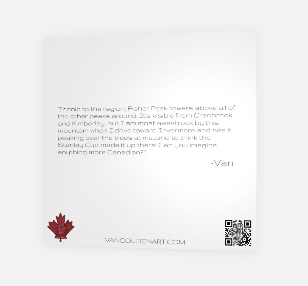 The back of the Fisher Peak card with an artist note describing it's striking presence and how the Stanley Cup made it up there.