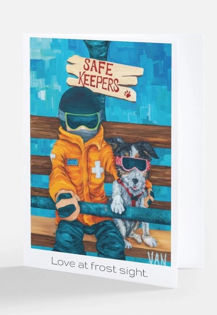 The front of the "Love at frost sight" card with the Van Colden original piece "Safe Keepers".