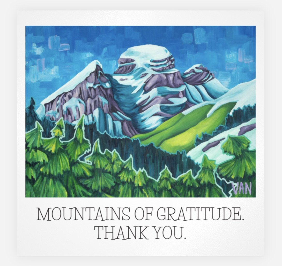 Van Colden Art Happy Notes with Three Sisters Fernie original and the words "Mountains of gratitude" below the image on the card.