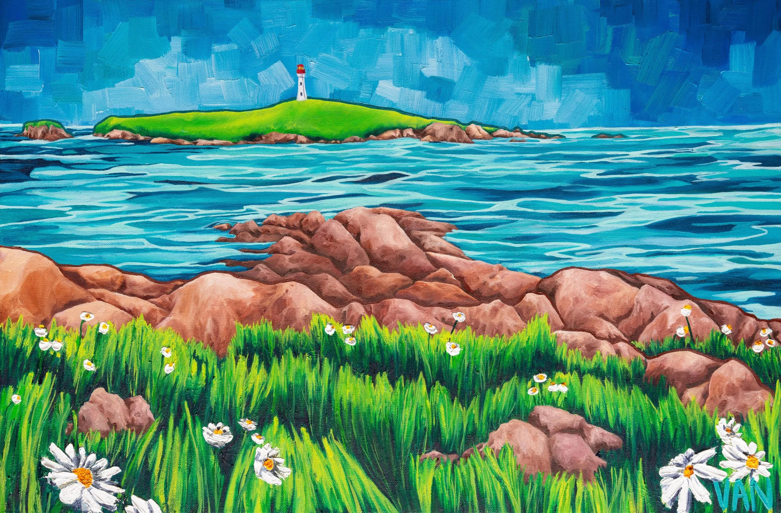 a painting of green island, known in French as l'Ile Verte, off the coast of Isle Madame