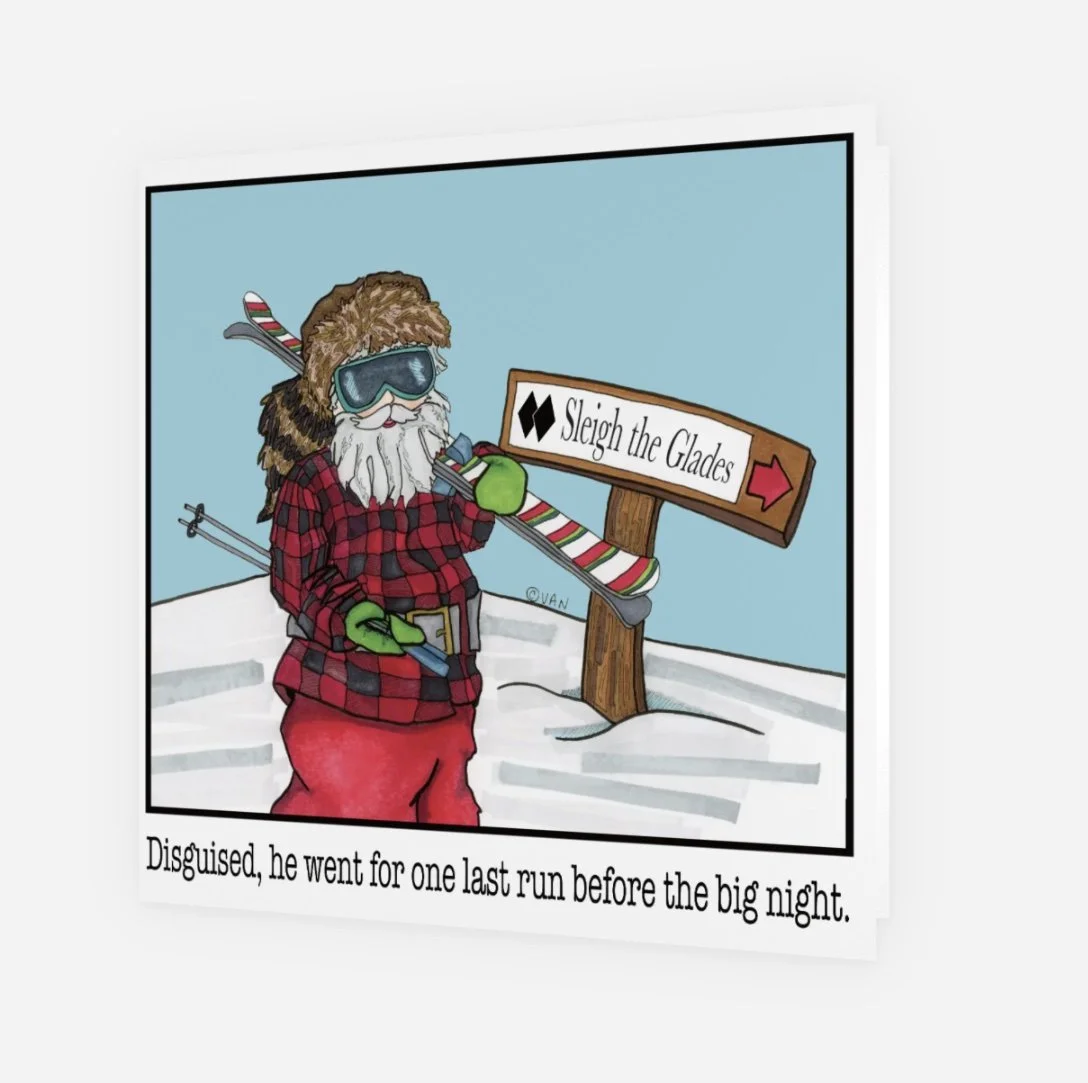 Front of the card with an image of santa disguised in a Griz hat, a legendary character from Fernie, BC.